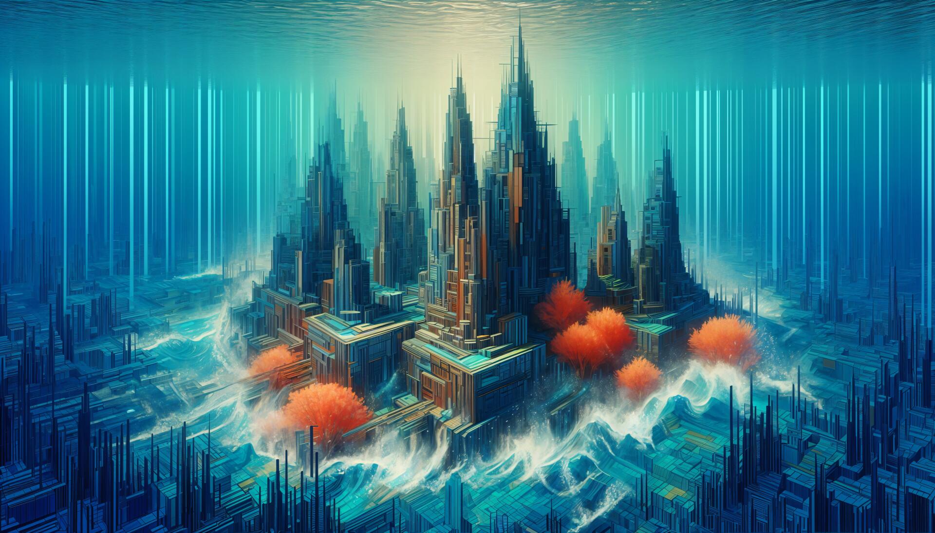 4K Ultra HD PC desktop wallpaper and background depicting a neon-lit futuristic city rising from misty waves, with glowing spires, vertical light beams and orange treetops.