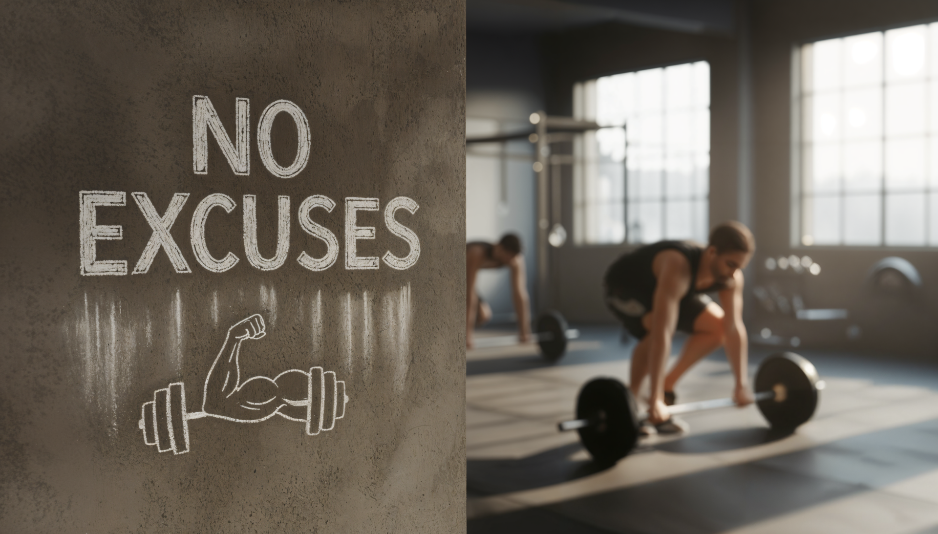 Motivational 4K Ultra HD PC desktop wallpaper — left chalk-style NO EXCUSES with barbell icon; right blurred gym scene showing a person deadlifting.