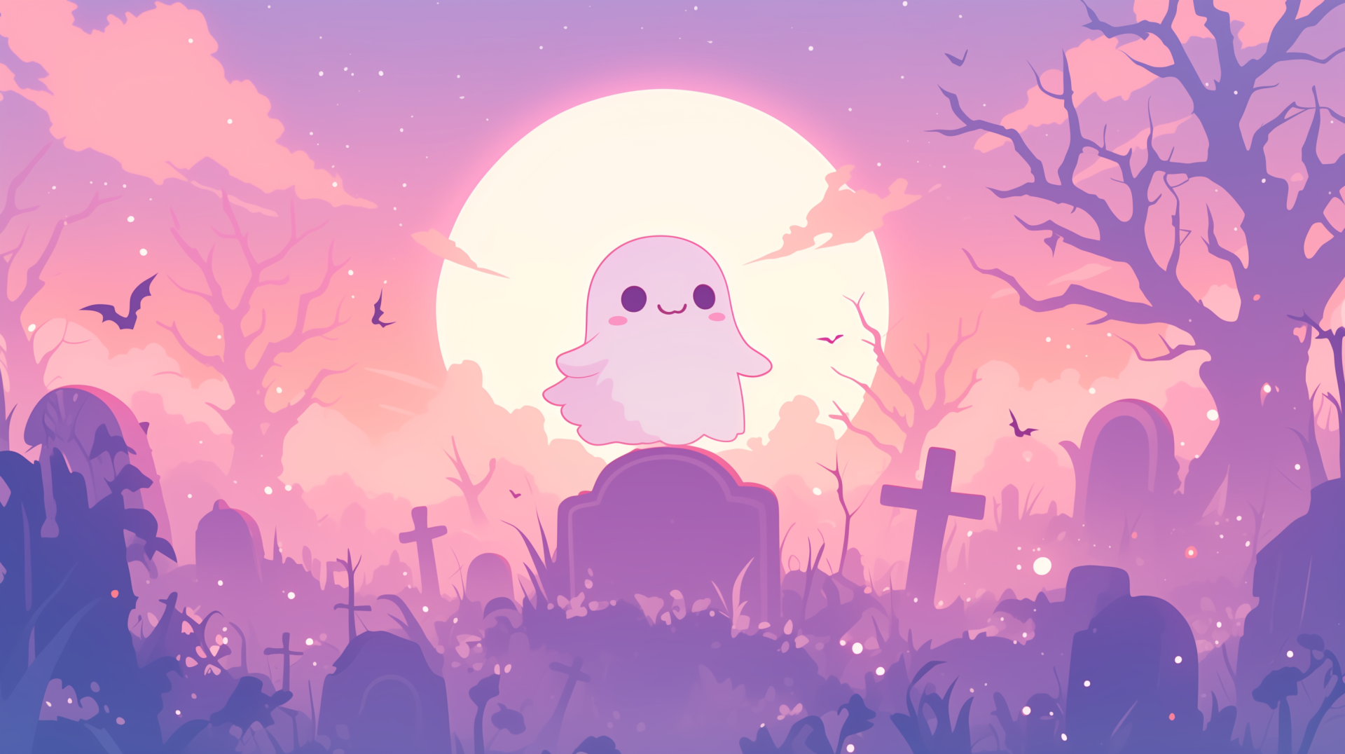 Cute ghost in a pastel, aesthetic anime graveyard at sunset — AI art 2K Quad HD PC desktop wallpaper/background.