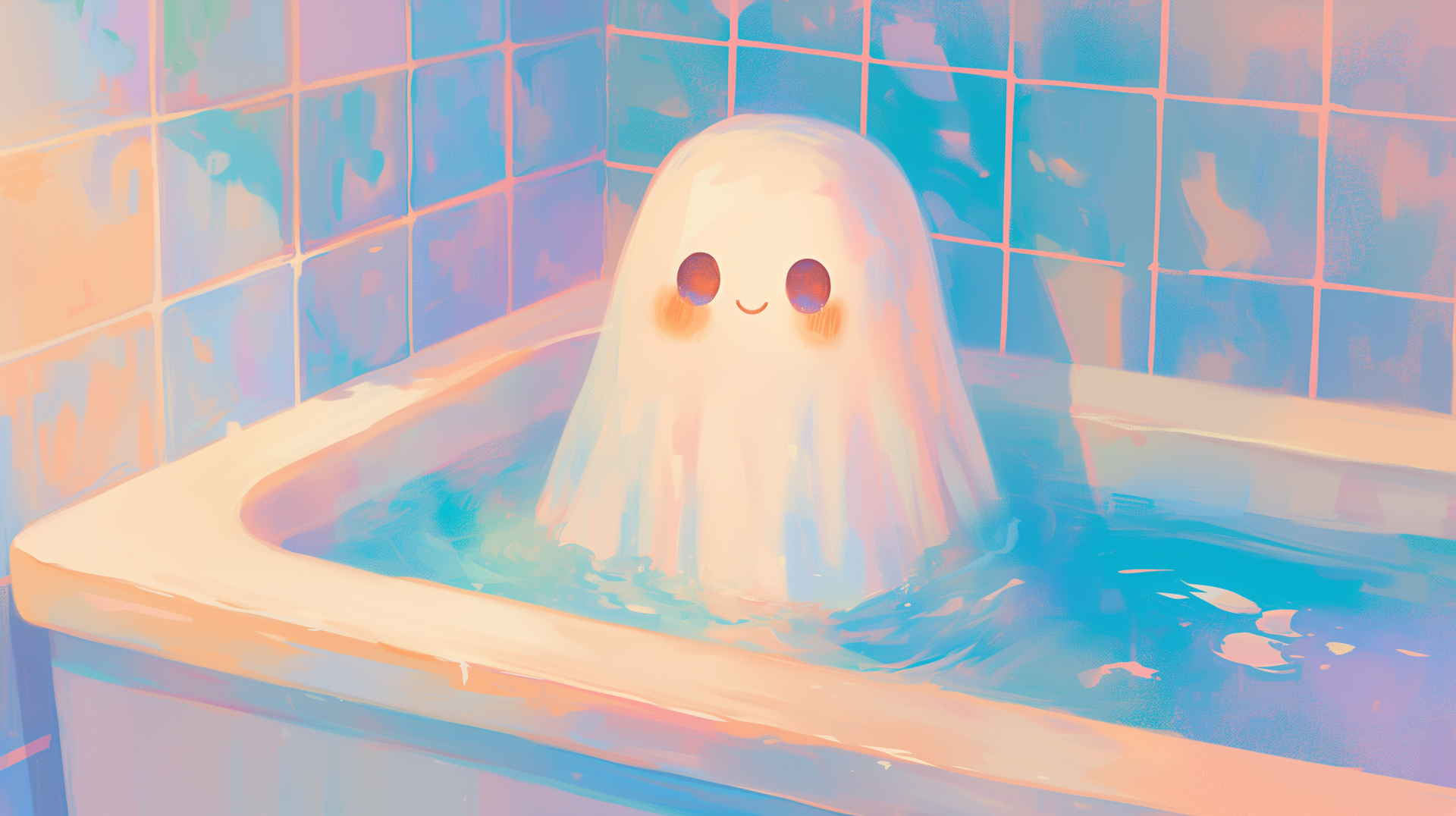 Cute ghost in a pastel-tiled bathtub, aesthetic anime–style AI art with soft colors; Halloween-themed 2K Quad HD PC desktop wallpaper/background.