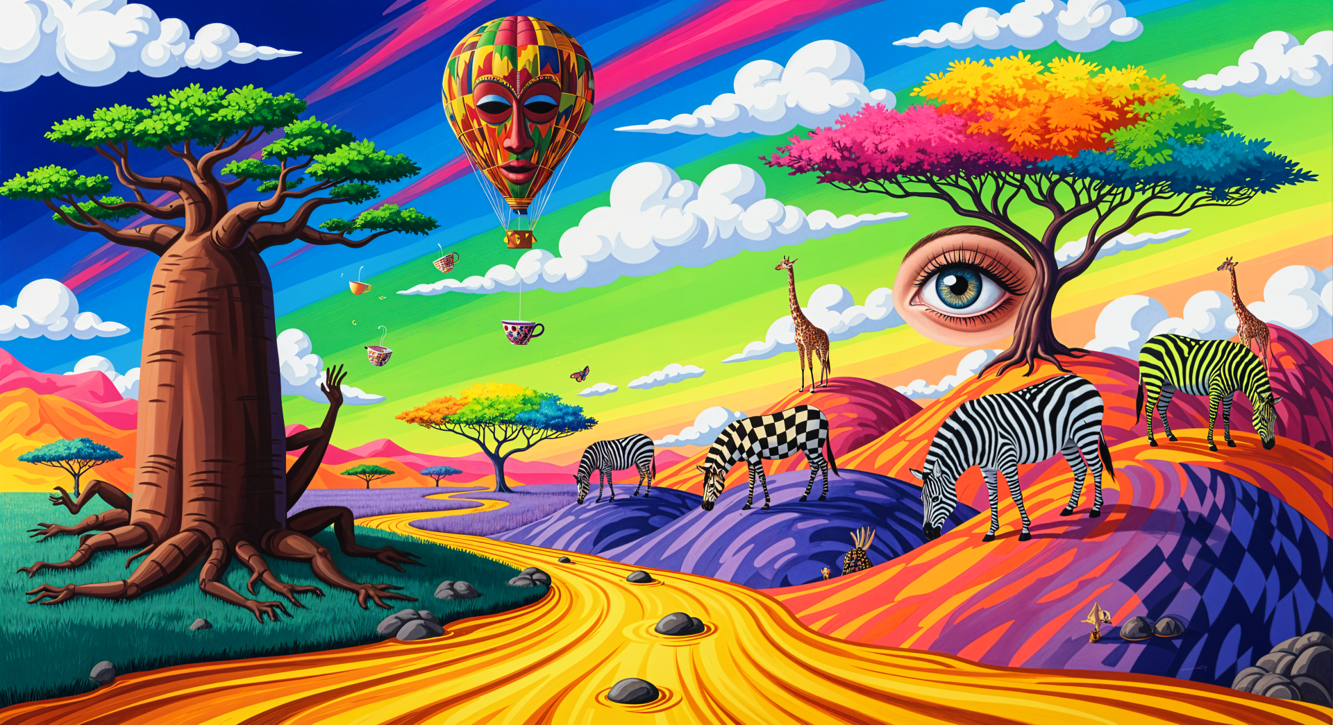 Surreal, colorful Africa landscape with baobab, zebras, giraffe, floating mask hot-air balloon and a tree with an eye — 4K Ultra HD PC desktop wallpaper and background