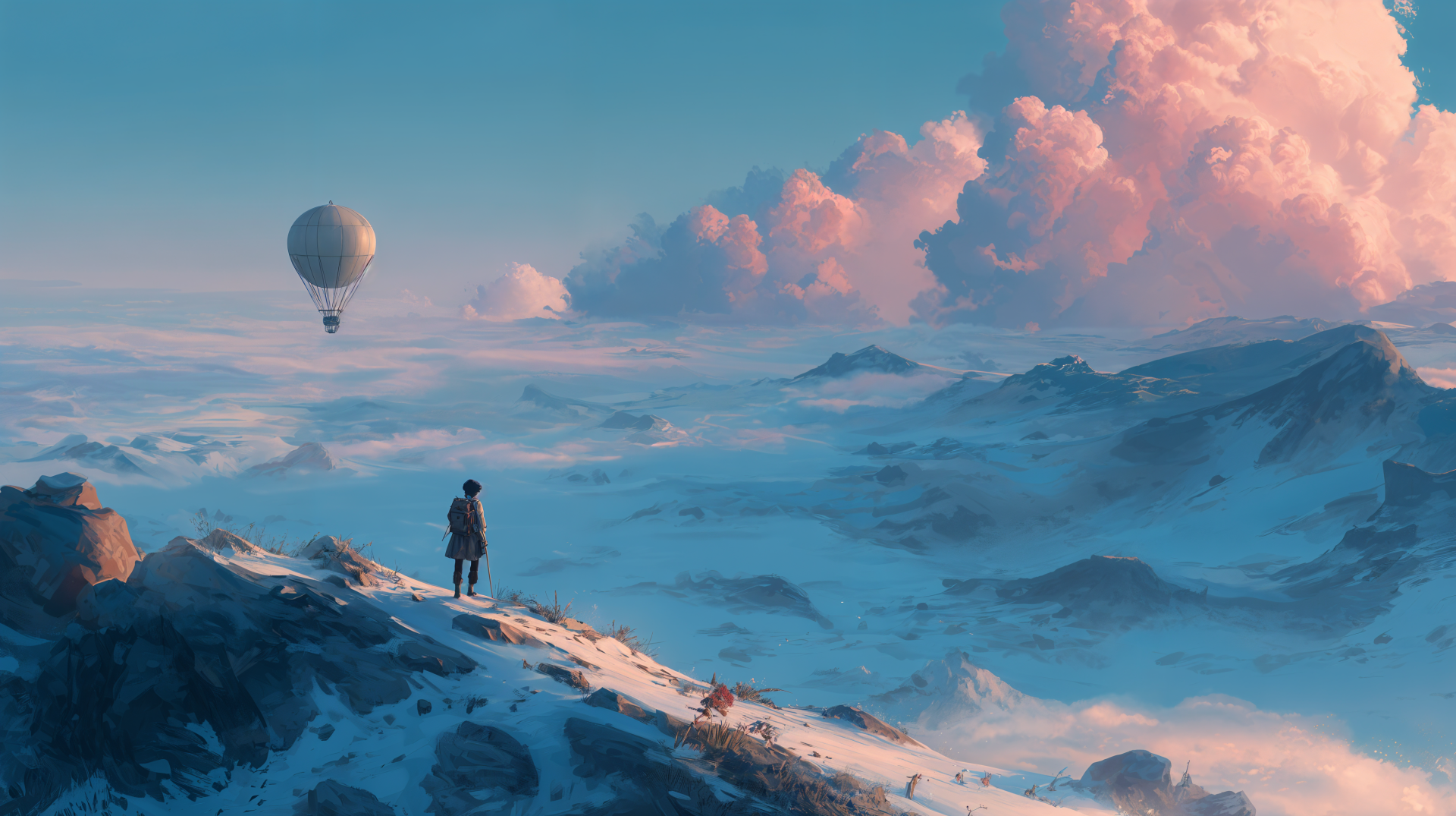 Fantasy wanderlust 4K Ultra HD PC desktop wallpaper: lone traveler on a snowy ridge gazes over a misty, cloud-filled valley with a distant hot-air balloon and pastel sunset skies.