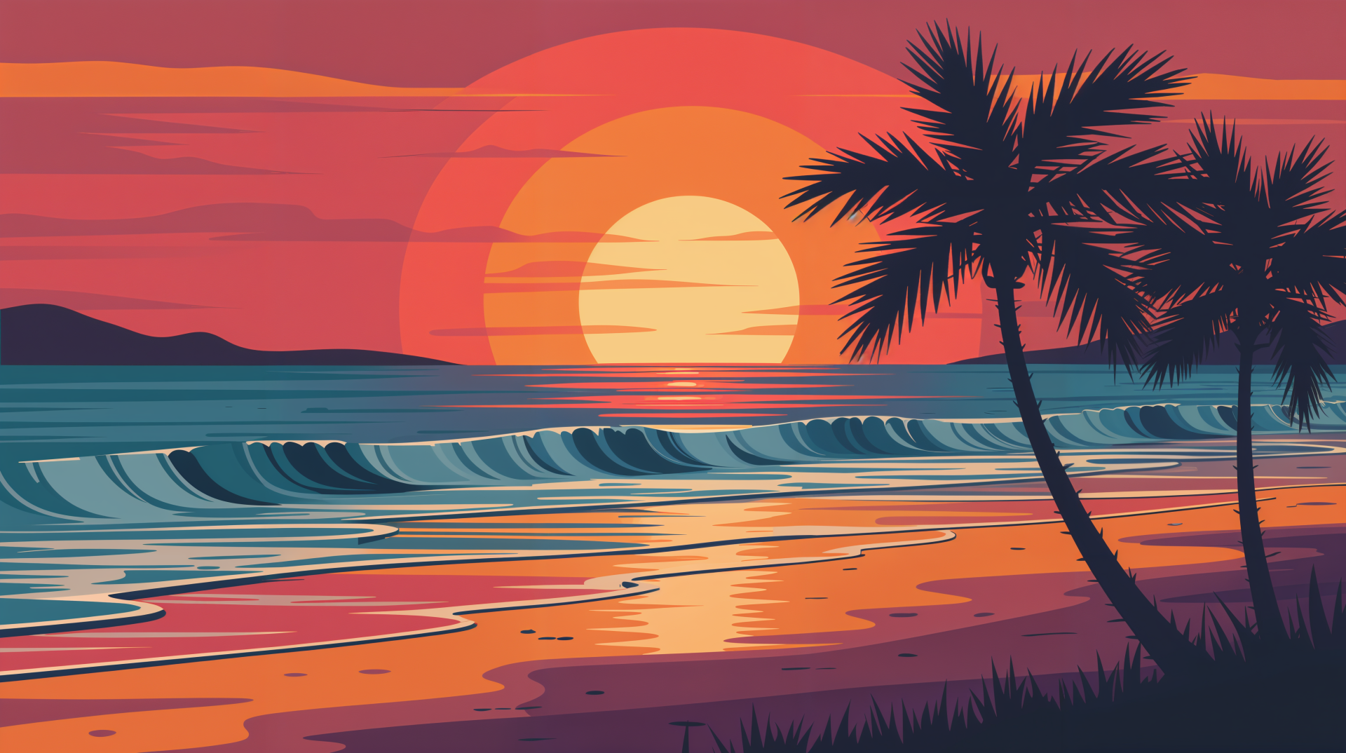 4K Ultra HD PC desktop wallpaper: stylized beach sunset with a large sun dipping behind distant hills, rolling turquoise waves, reflective wet sand and silhouetted palm trees.