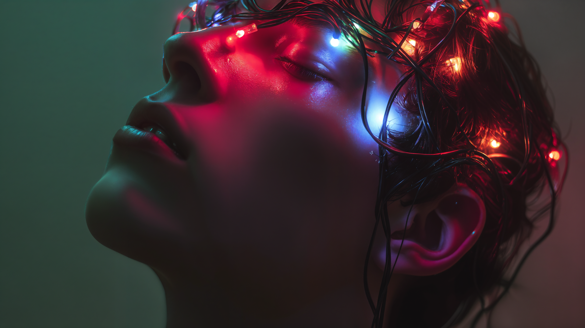 4K Ultra HD PC Desktop Wallpaper and Background — a wet face tilted up, colorful LEDs and wires mapped across the head, evoking a mind upload and cybernetic consciousness.
