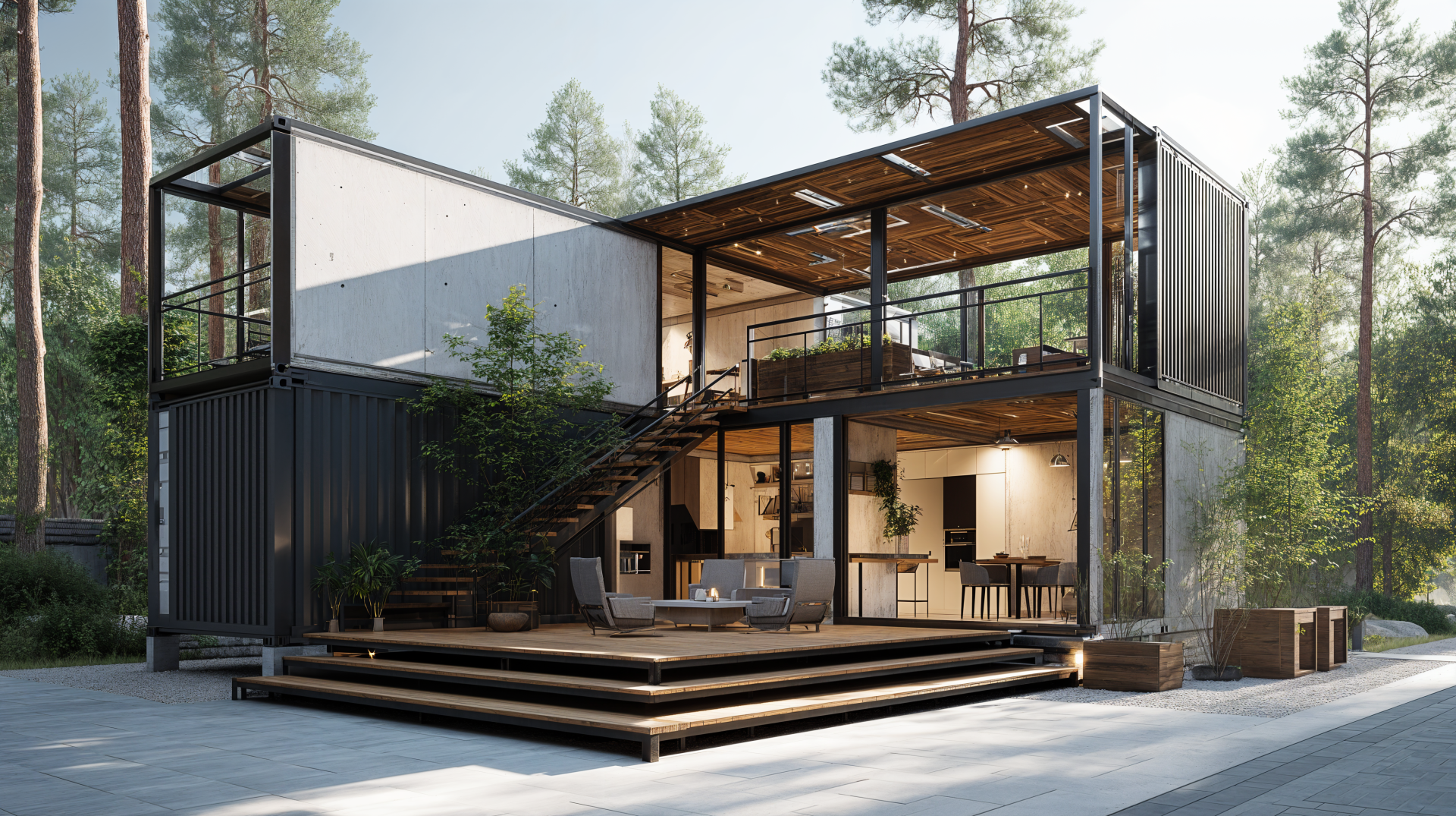 4K Ultra HD PC desktop wallpaper/background of a man-made contemporary two-story container house with open living spaces, wooden deck, and surrounding pine trees.