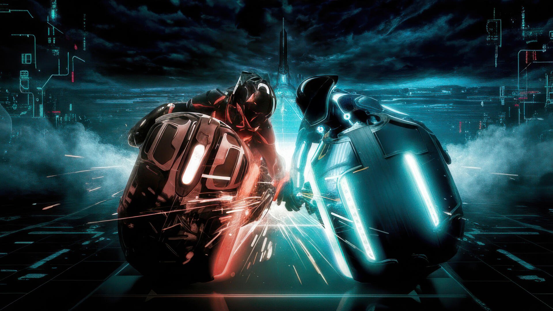 Tron: Ares 4K Ultra HD PC desktop wallpaper of red and blue lightcycles colliding, sparks flying across a neon grid beneath a stormy sky.