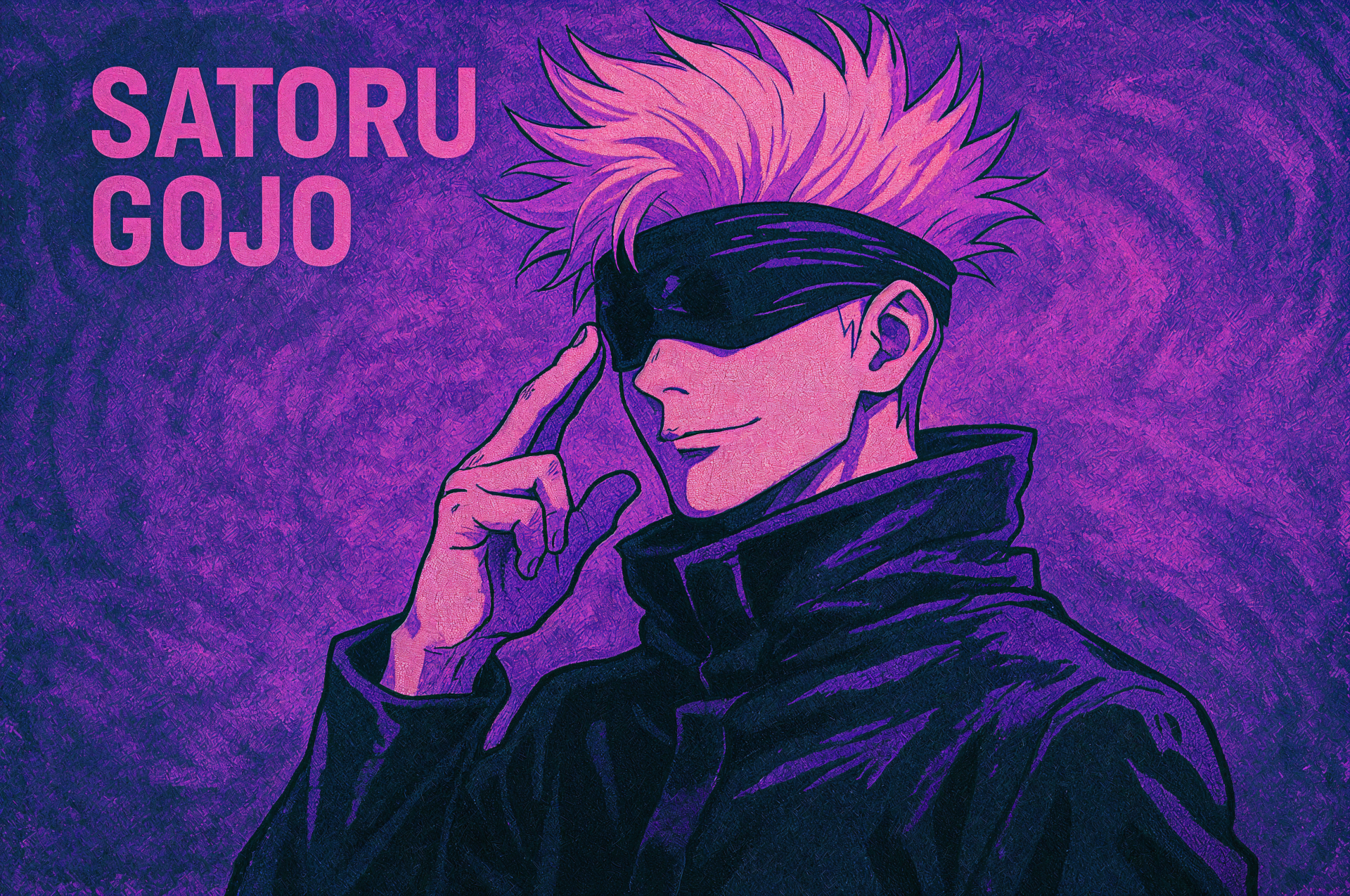 Satoru Gojo anime portrait with blindfold against a vivid purple textured swirl — 4K Ultra HD PC desktop wallpaper and background.