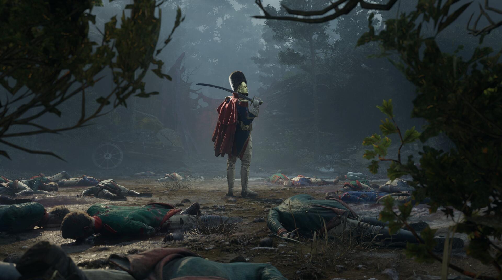 4K Ultra HD Valor Mortis video game wallpaper: lone cloaked warrior stands in a misty forest clearing amid fallen foes, shafts of light cutting through the trees — PC desktop background.