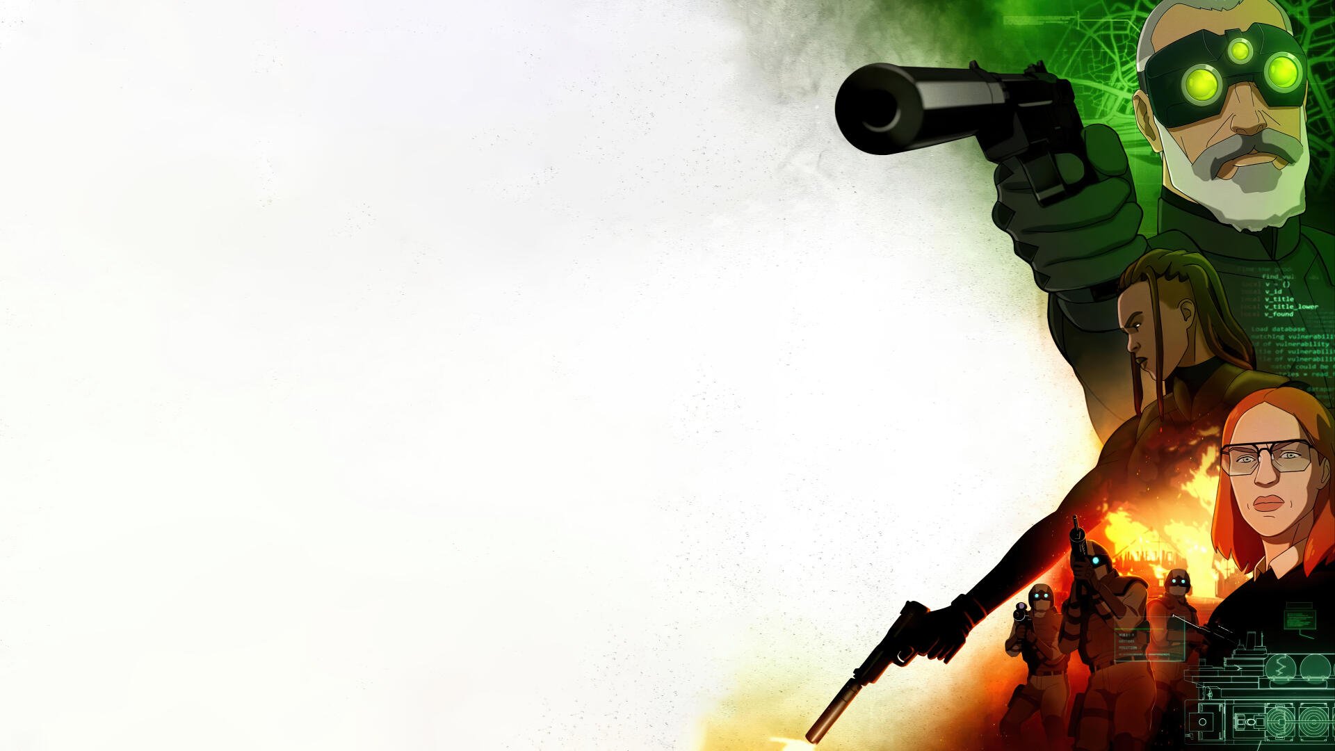 Splinter Cell: Deathwatch 4K Ultra HD PC wallpaper/background — Sam Fisher in green night-vision goggles aiming a silenced pistol, fiery character silhouettes and white negative space.