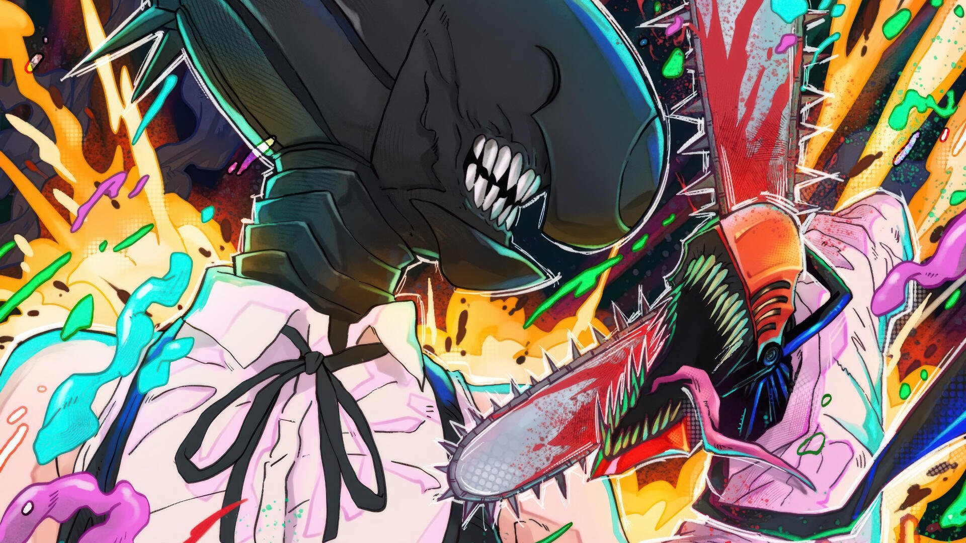 Chainsaw Man 4K Ultra HD PC desktop wallpaper/background: explosive neon scene of Chainsaw Man roaring, blood-splattered chainsaw and dynamic, colorful action.