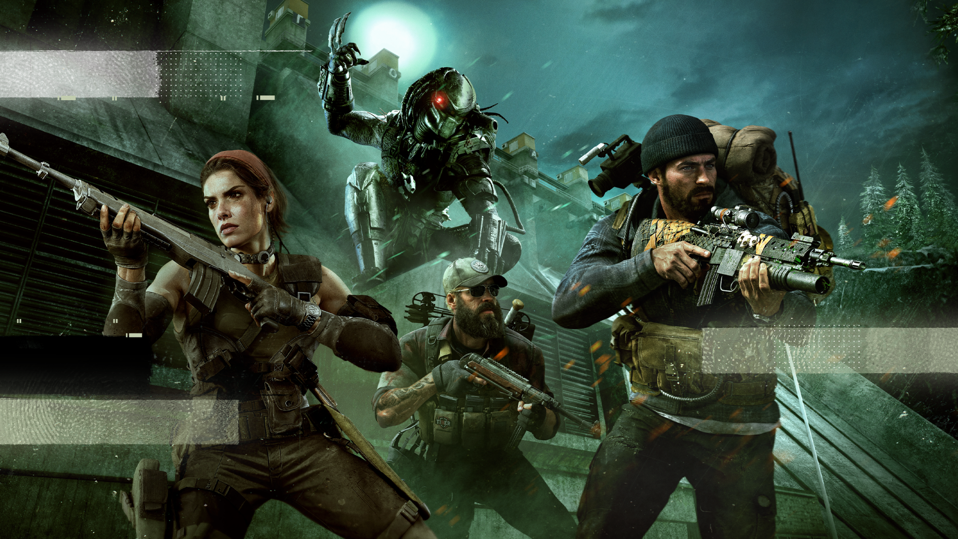 Call of Duty: Black Ops 6 2K Quad HD PC wallpaper: Predator looming over three armed operators advancing across a rain-soaked rooftop, cinematic green-tinted combat scene.