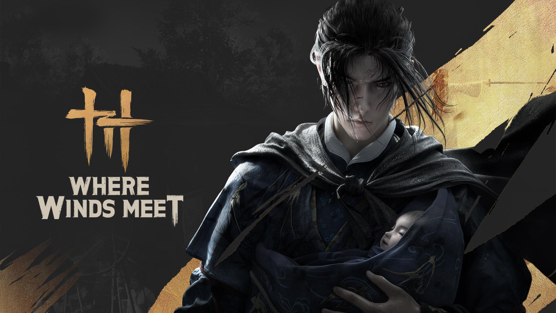 Where Winds Meet video game 2K Quad HD PC wallpaper: brooding cloaked warrior with wind-swept hair against a dark textured background and gold title logo.