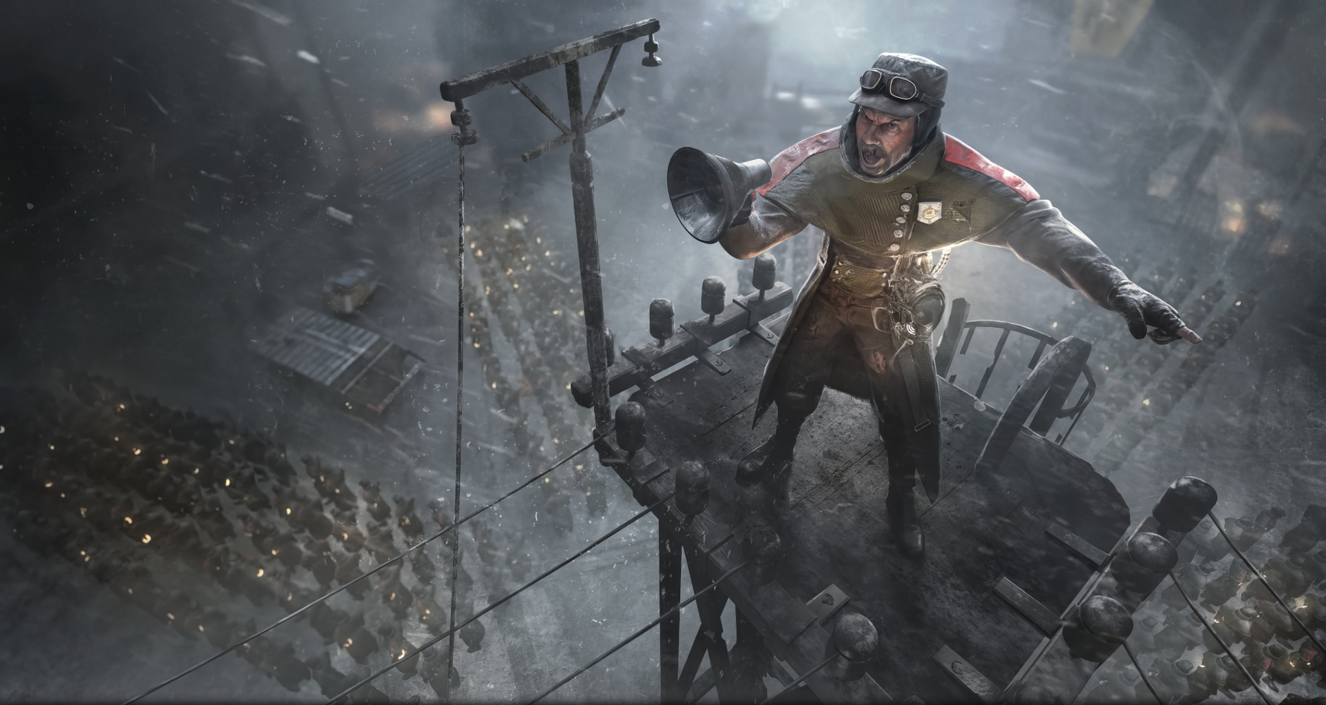 Frostpunk 2 video game HD PC desktop wallpaper: lone survivor on an icy watchtower with megaphone, overlooking a snowbound, ruined industrial cityscape.