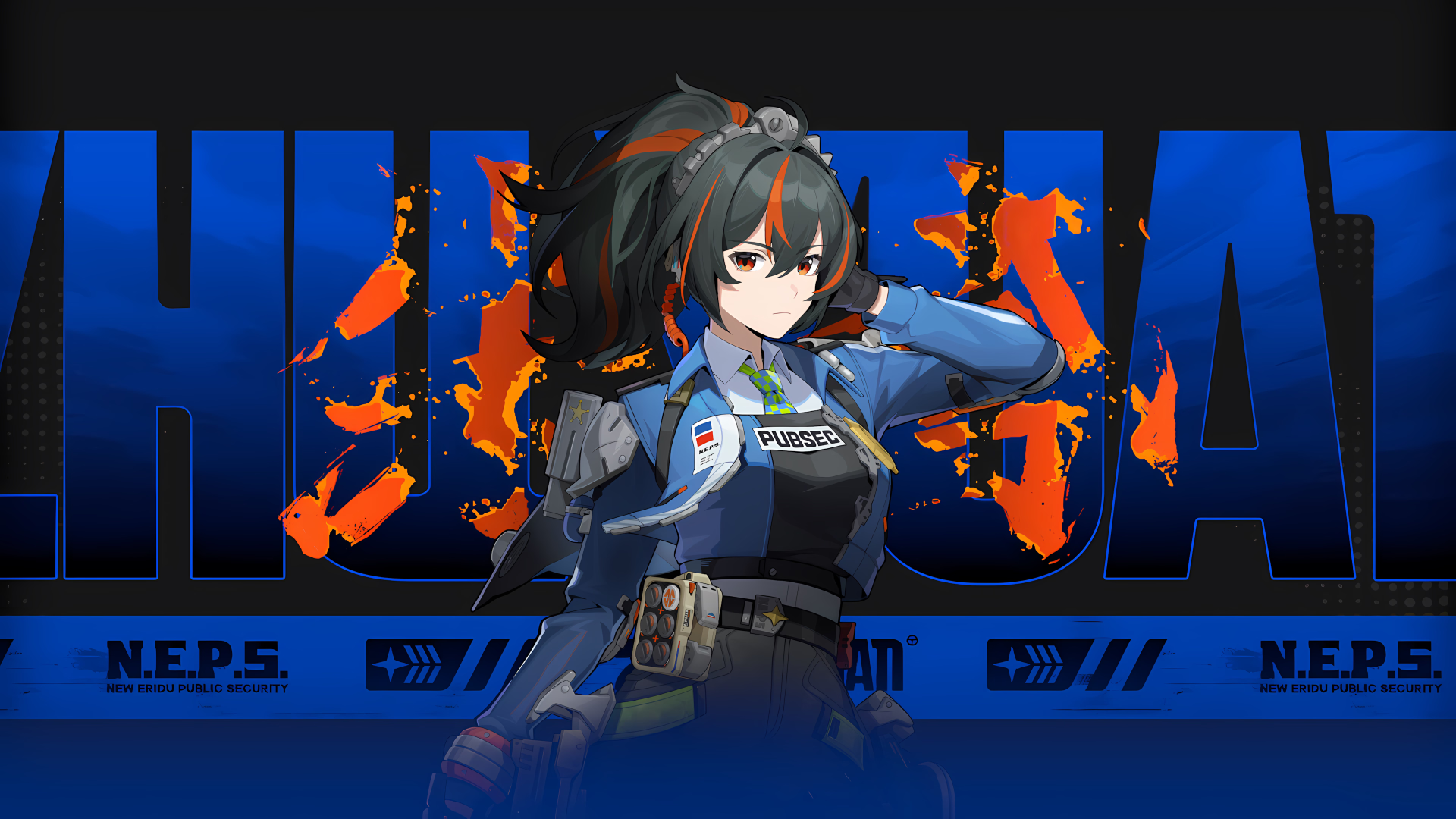 4K Ultra HD PC wallpaper of Zhu Yuan, an anime-style girl from the video game Zenless Zone Zero, posed against a bold blue and orange graphic backdrop.