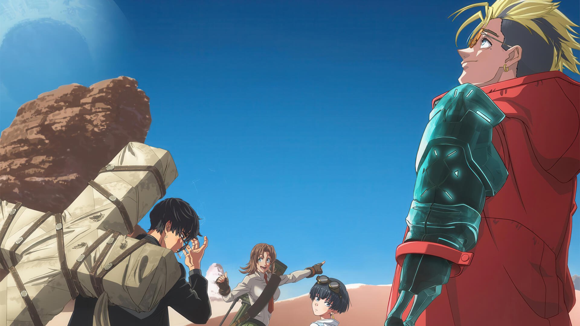 4K Ultra HD Trigun Stargaze desktop wallpaper: Nicholas D. Wolfwood, Meryl Stryfe and Milly Thompson standing in a sunlit desert under a vivid blue sky.