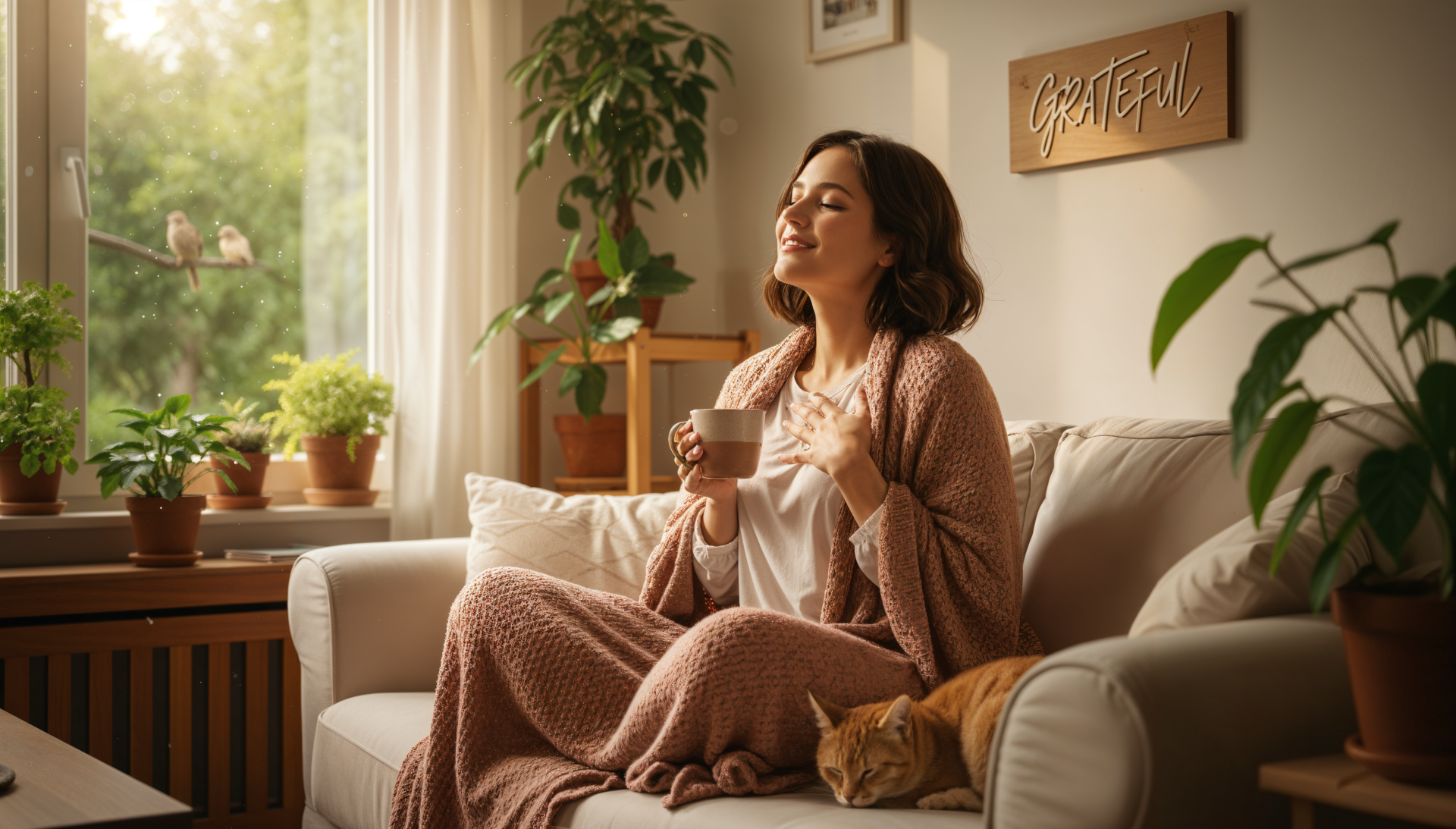 4K Ultra HD PC desktop wallpaper: grateful woman on a sunlit couch, eyes closed and holding a mug, surrounded by houseplants and a sleeping cat.