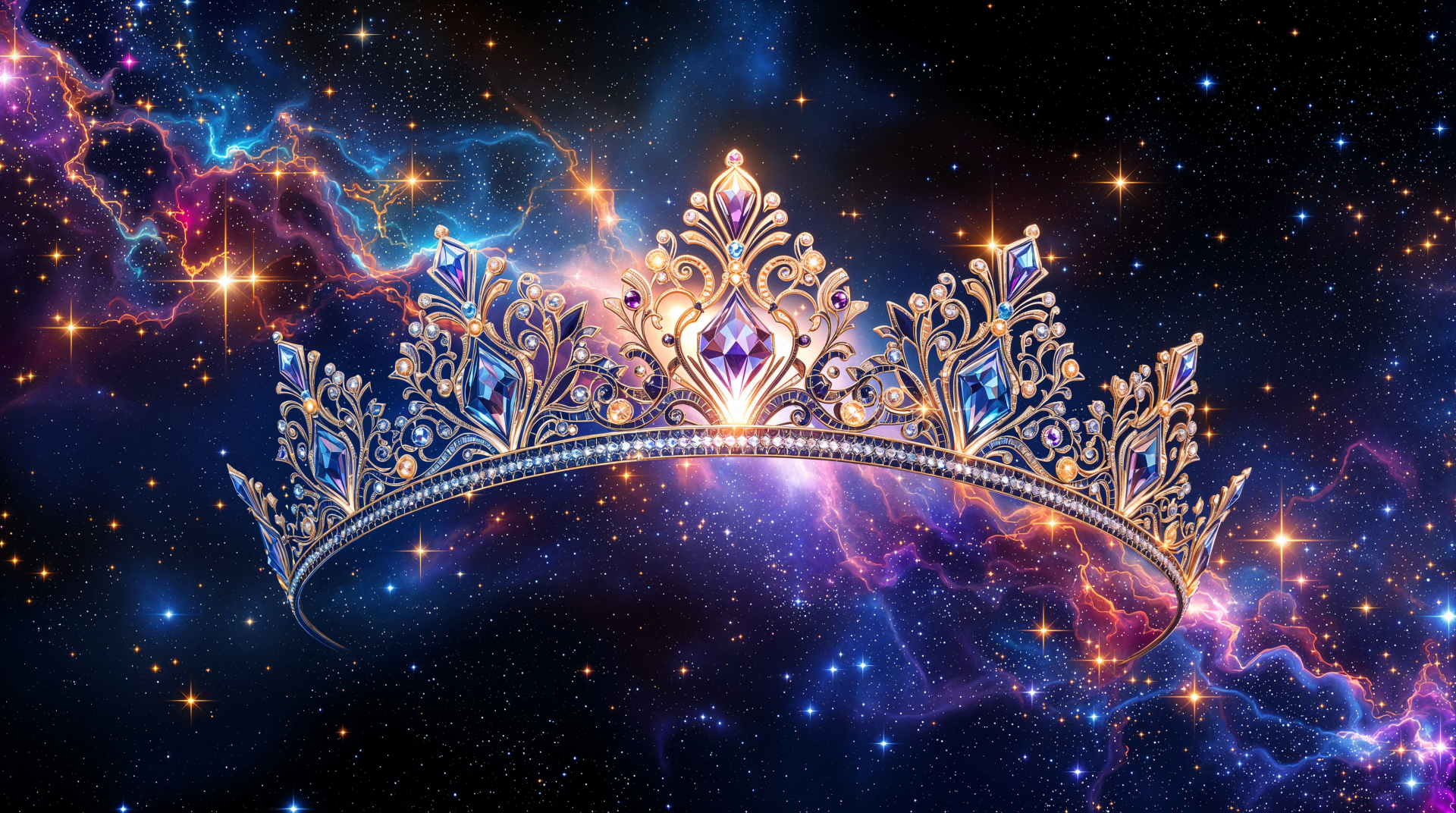 Ornate jeweled tiara floating against a vivid cosmic nebula — high-resolution 4K Ultra HD PC desktop wallpaper with stars and colorful galactic clouds.
