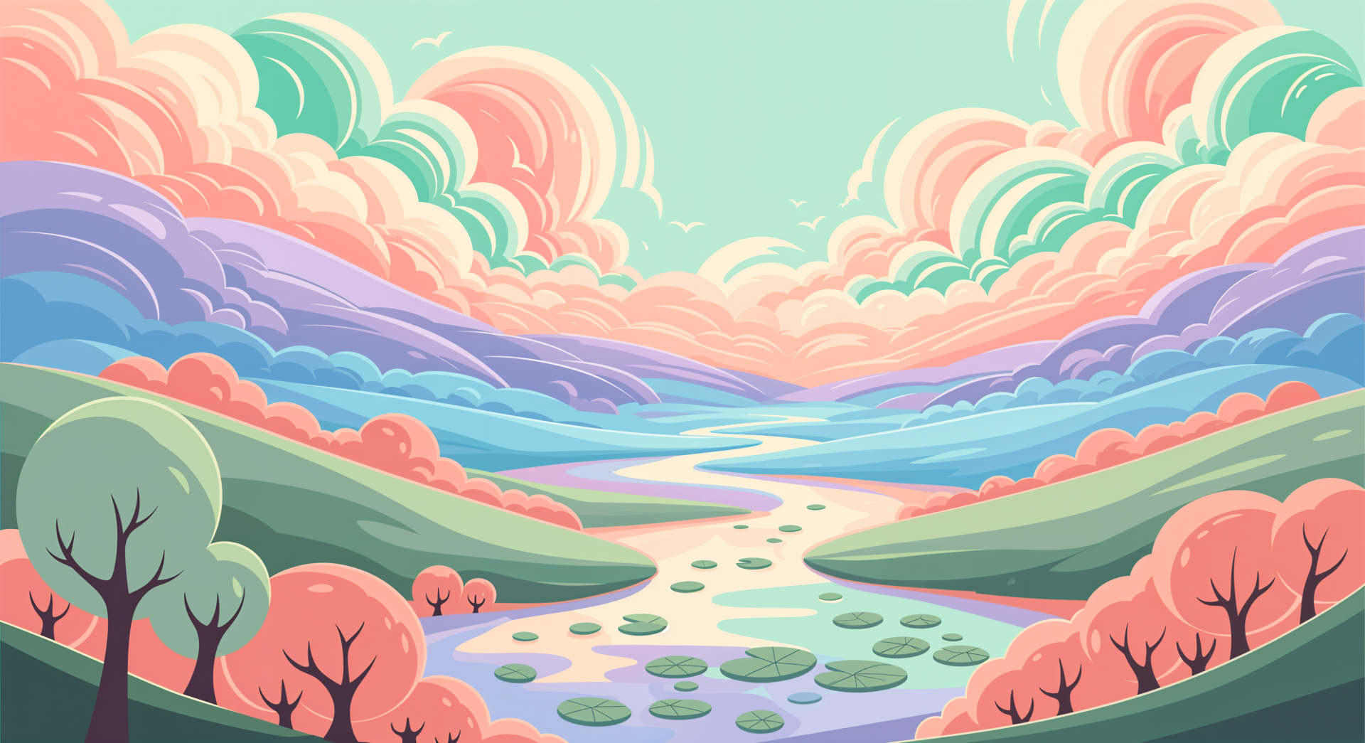 Soft pastel 4K Ultra HD PC desktop wallpaper and background — dreamy layered clouds above rolling hills, a winding river with lily pads and silhouetted trees.