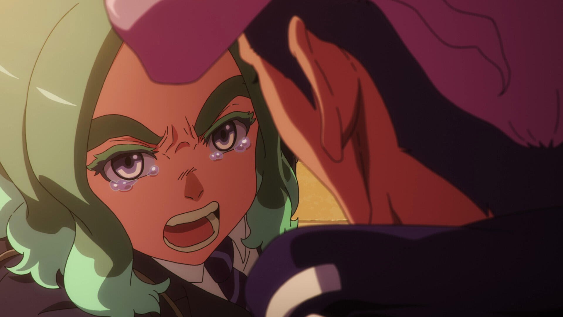 HD PC desktop wallpaper from the video game Inazuma Eleven: Victory Road, an intense close-up of a green-haired character angrily shouting during a confrontation.