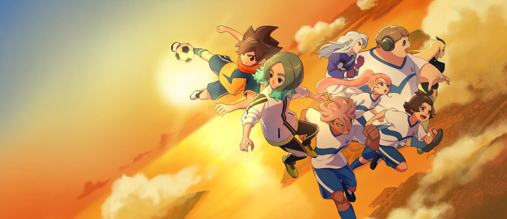 HD PC desktop wallpaper/background of Inazuma Eleven: Victory Road (video game) — anime soccer team soaring through a golden sunset sky in dynamic, energetic action.