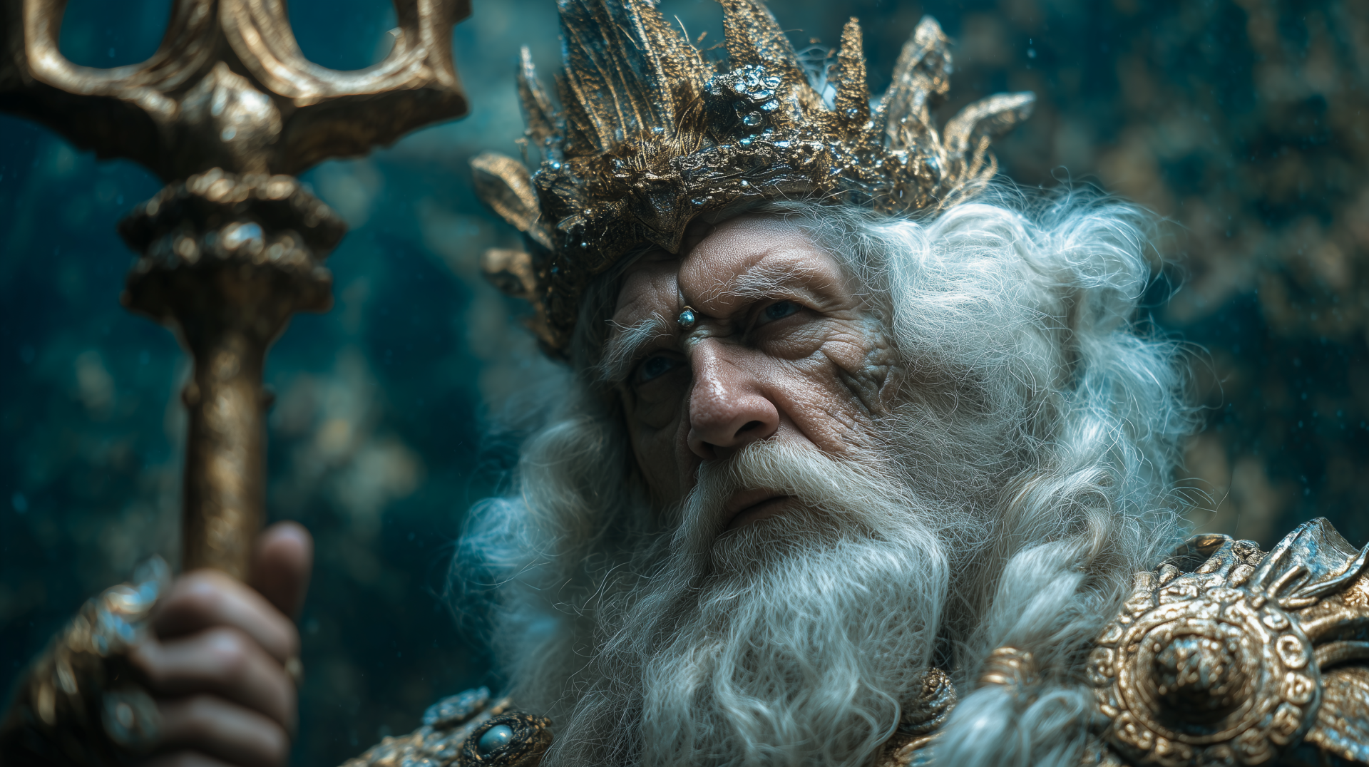 Portrait of King Neptune holding a trident, crowned sea king with flowing white beard and ornate armor — 2K Quad HD PC desktop wallpaper.