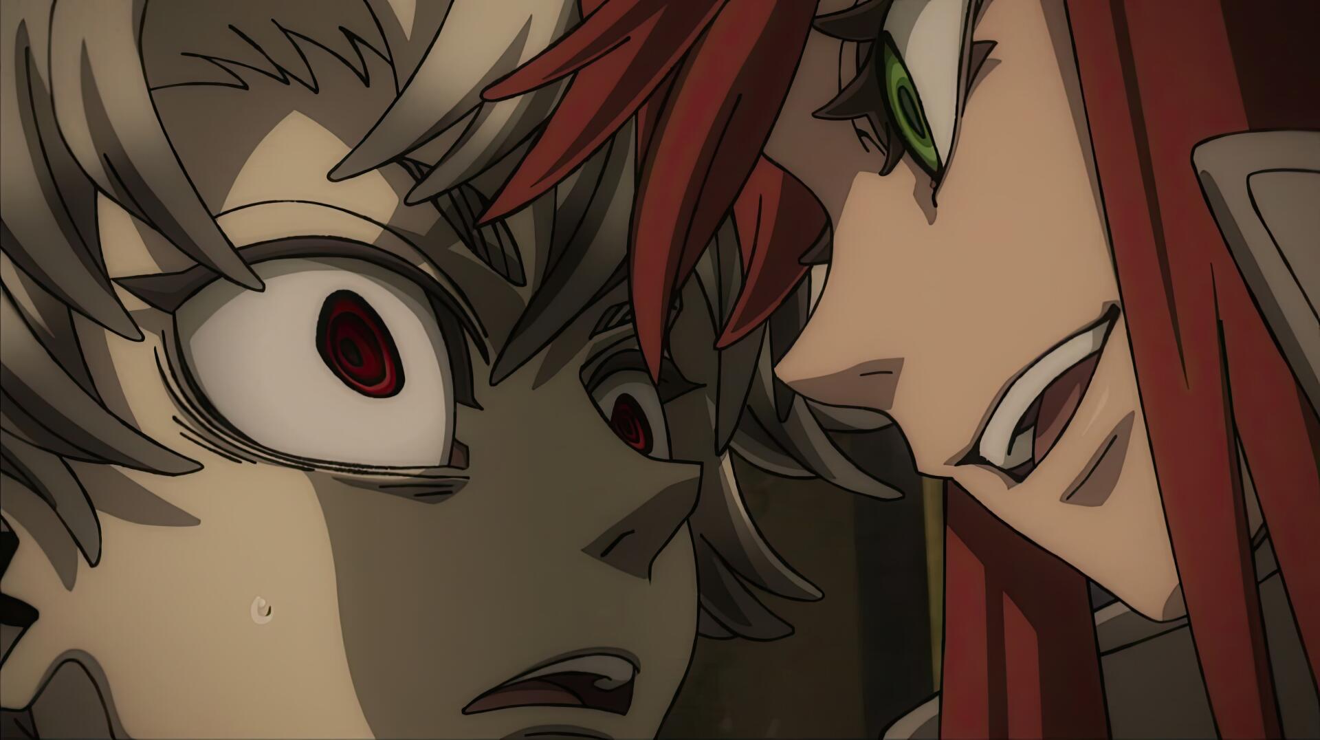 5K Ultra HD PC desktop wallpaper: Gachiakuta anime scene featuring Rudo Surebrec and Riyou Reaper — red‑haired smirker leaning close to a pale, wide‑eyed, terrified character.