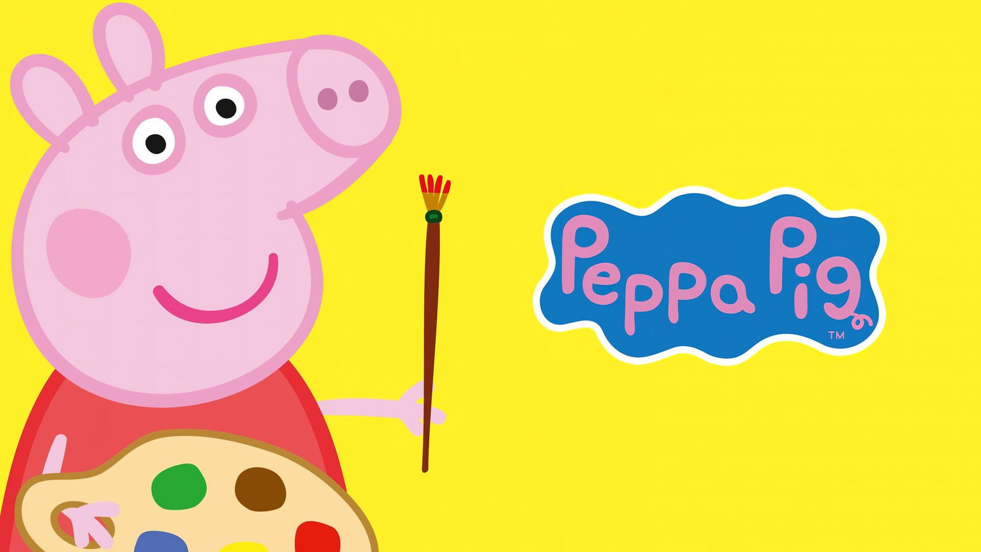 Bright yellow 5K Ultra HD PC desktop wallpaper of Peppa Pig (TV show) cartoon holding a paintbrush and palette beside the Peppa Pig logo.