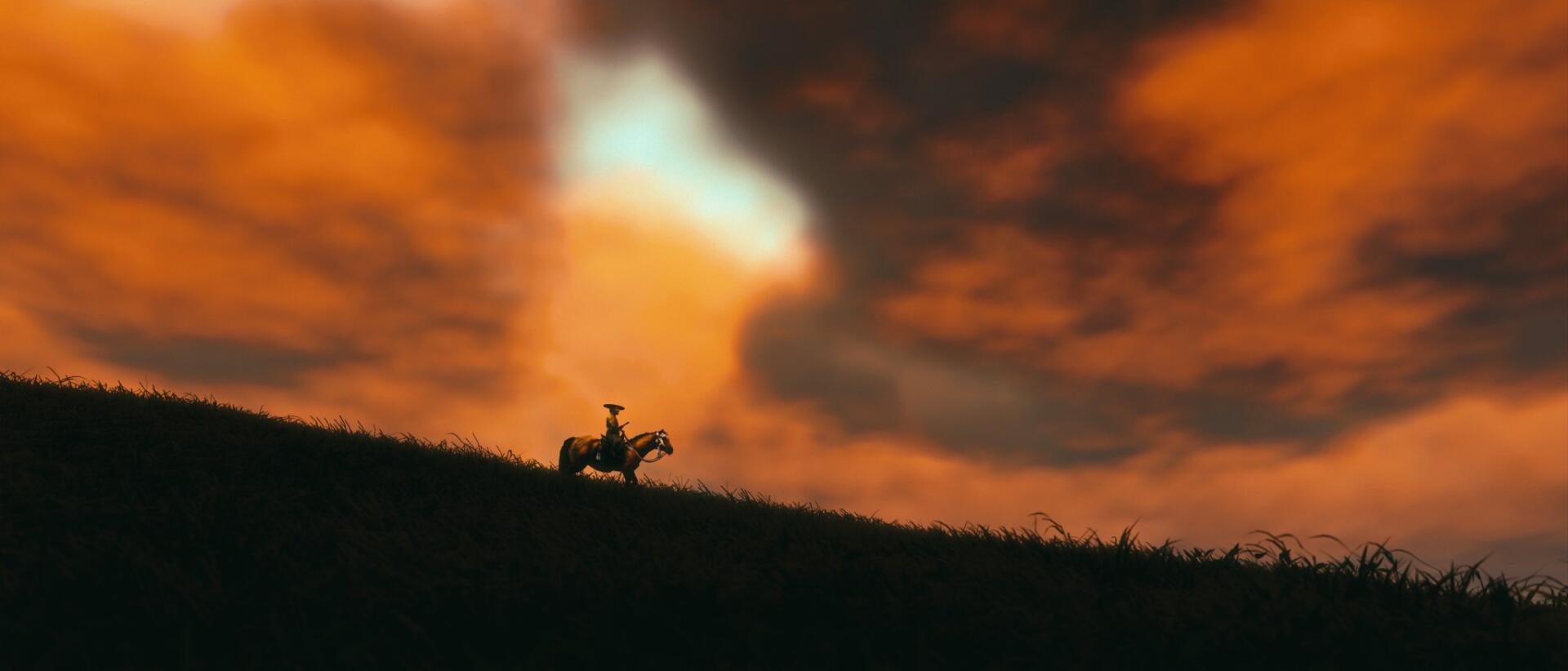Ghost of Tsushima video game scene: silhouetted rider on horseback atop a grassy ridge against a fiery orange sky — HD PC desktop wallpaper gaming environment background.