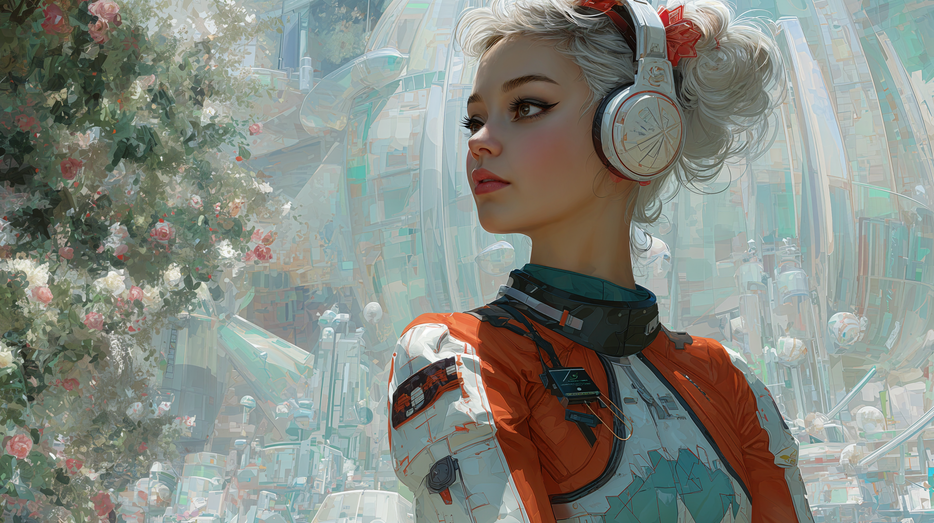 4K Ultra HD PC desktop wallpaper of a sci‑fi girl: white‑haired pilot in a headset and orange‑blue suit, gazing over a luminous futuristic city of towers and hovering lights.