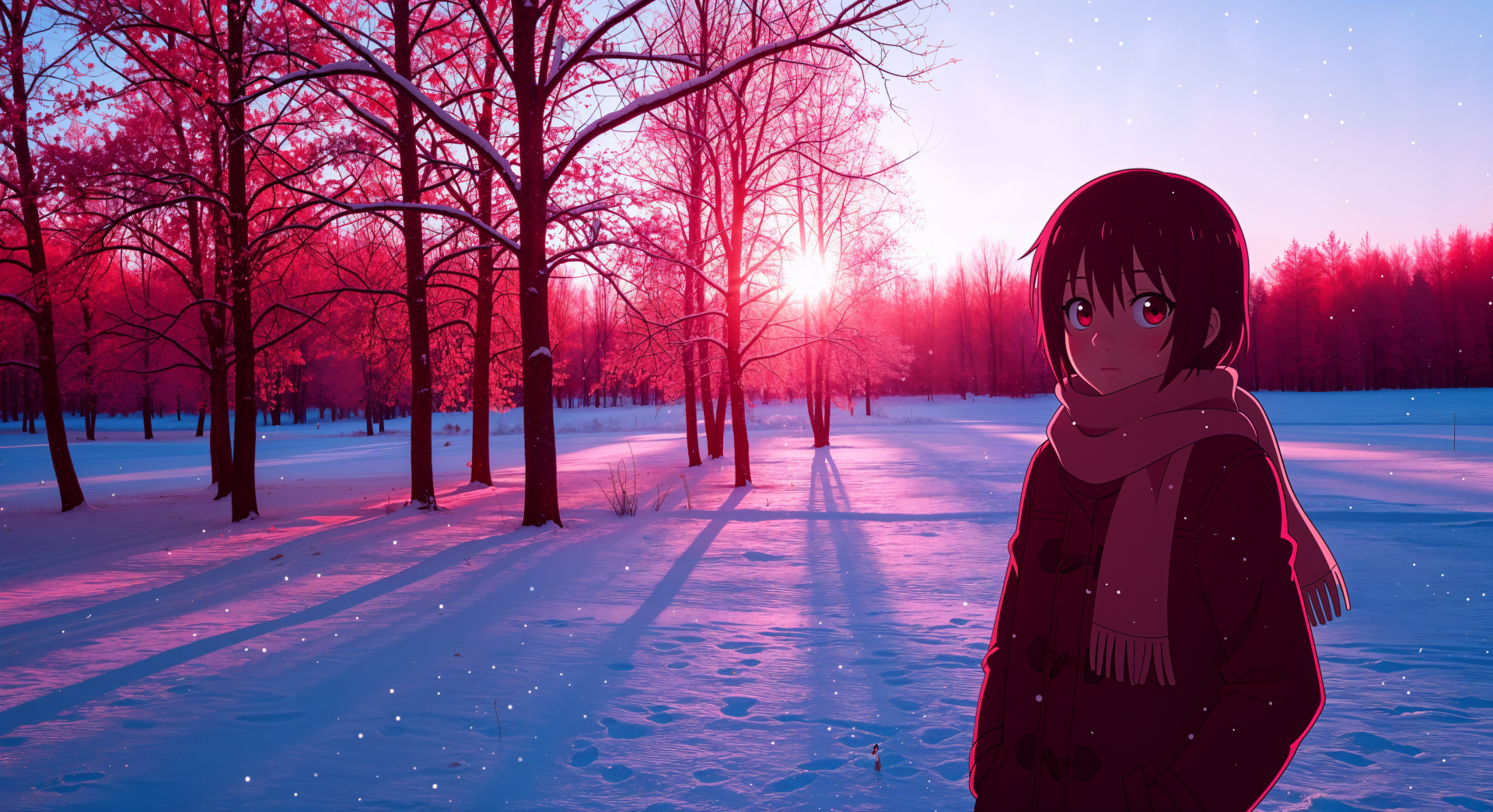 Winter anime 4K Ultra HD PC desktop wallpaper and background: an anime character in a scarf stands in a snowy forest at sunrise, pink sky casting long blue shadows.