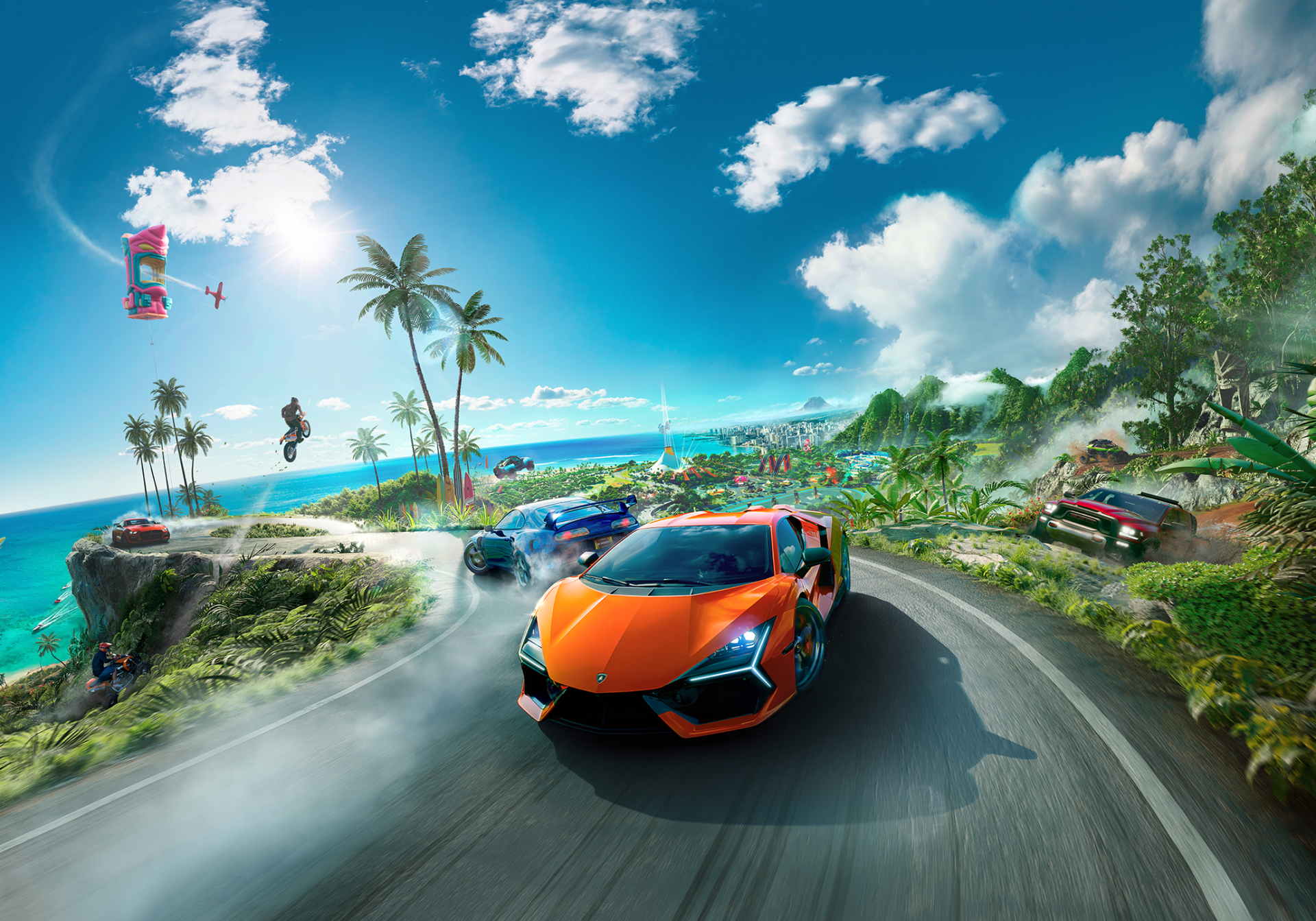 The Crew Motorfest video game HD PC desktop wallpaper and background: an orange supercar races a coastal road past palm trees, ocean cliffs and other cars under a bright blue sky.