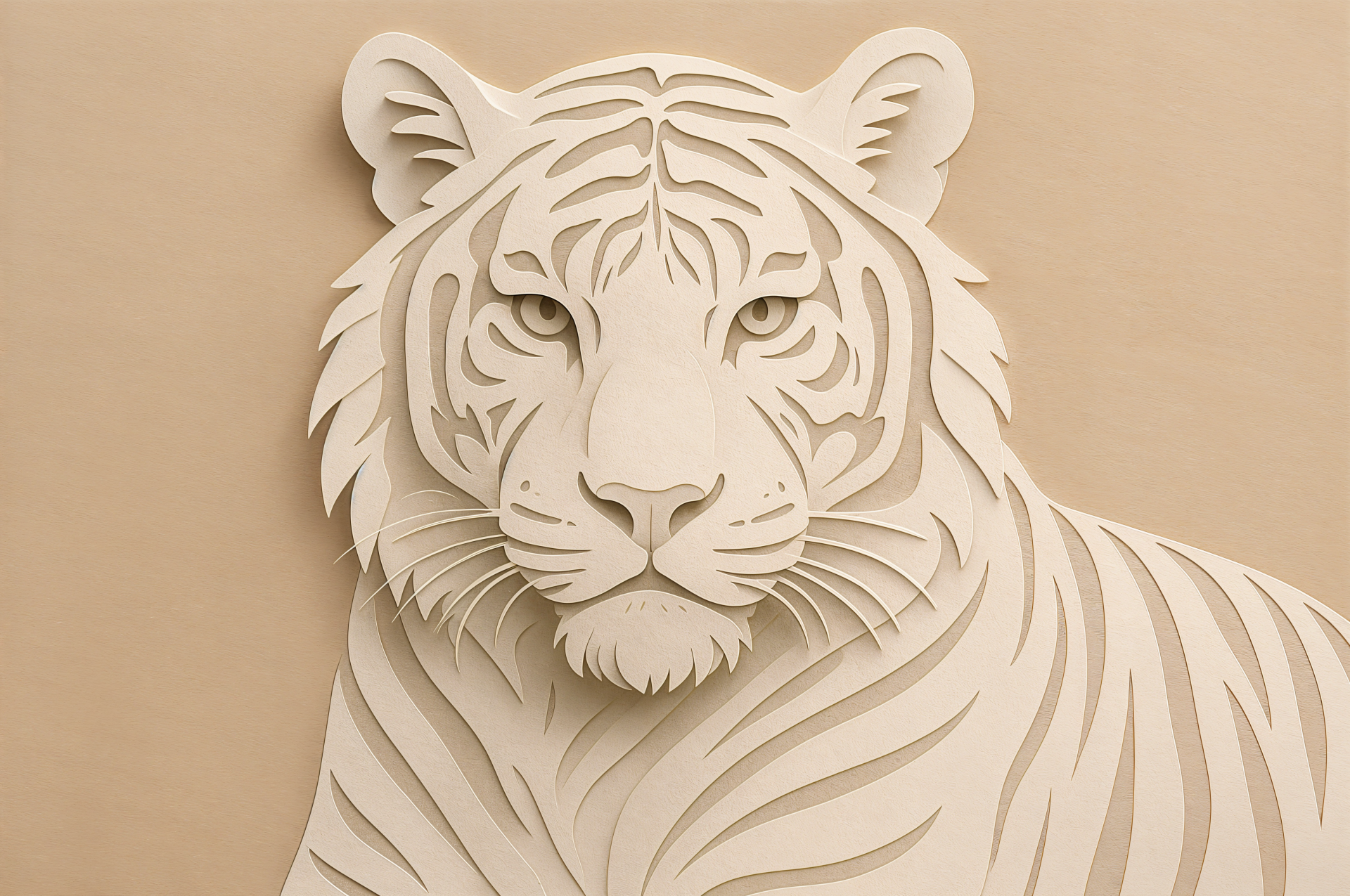 Paper-cut style white tiger portrait in warm beige tones, high-detail 4K Ultra HD PC desktop wallpaper and background.