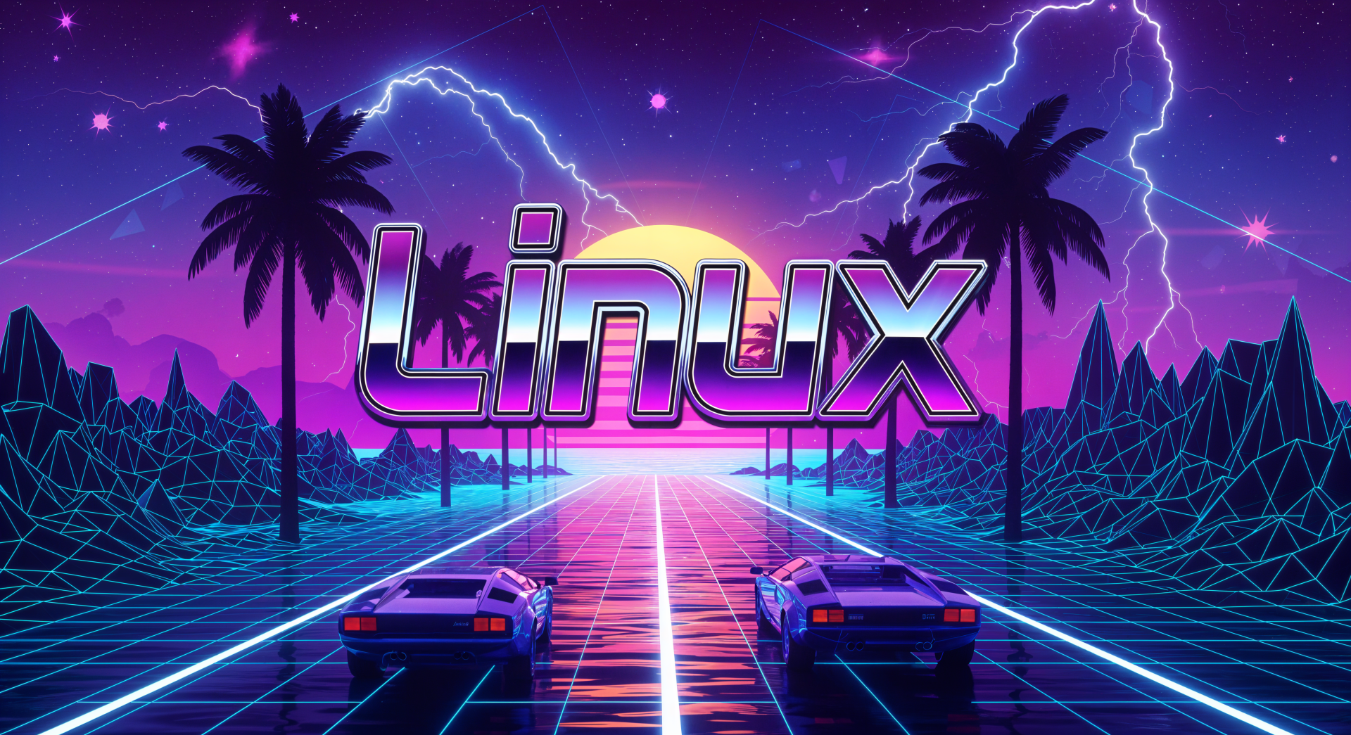 4K Ultra HD PC desktop wallpaper: neon retro-futuristic road with palm trees, lightning, twin cars and a bold Linux logo on the horizon.