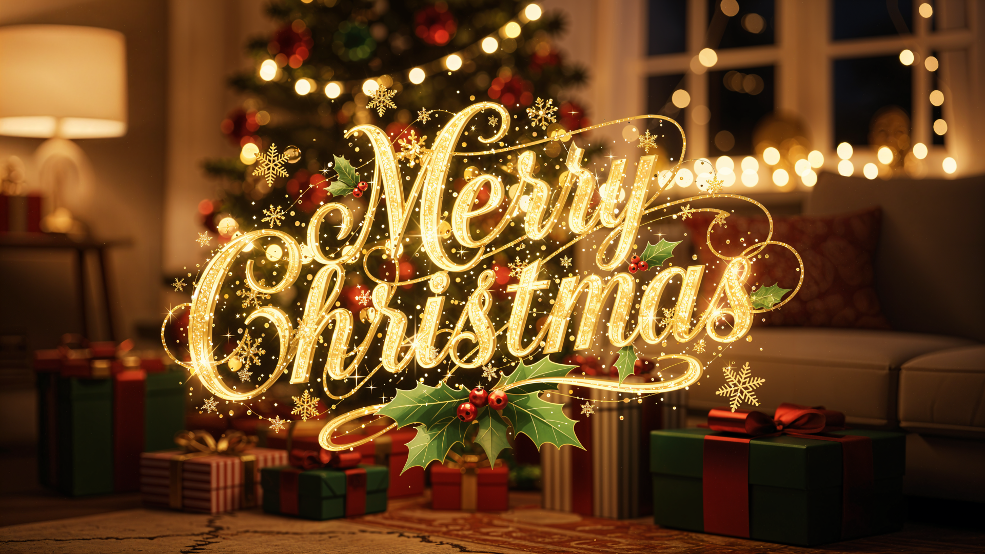 Merry Christmas gold script over a cozy living room with decorated tree, wrapped gifts and twinkling lights, 4K Ultra HD PC desktop wallpaper background