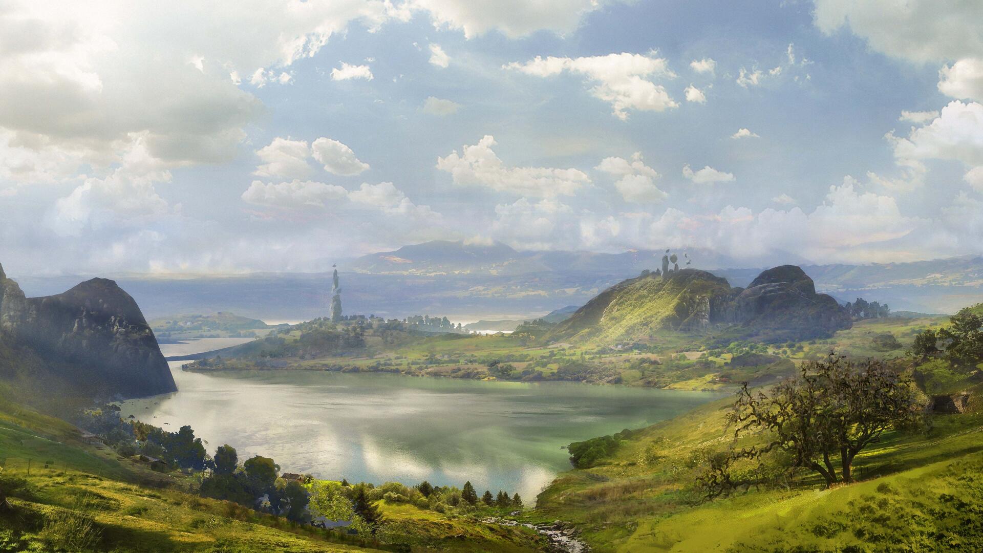 5K Ultra HD PC desktop wallpaper of Ashes of Creation — video game fantasy landscape: rolling green hills, a serene lake, distant towers and broad cloudy skies.