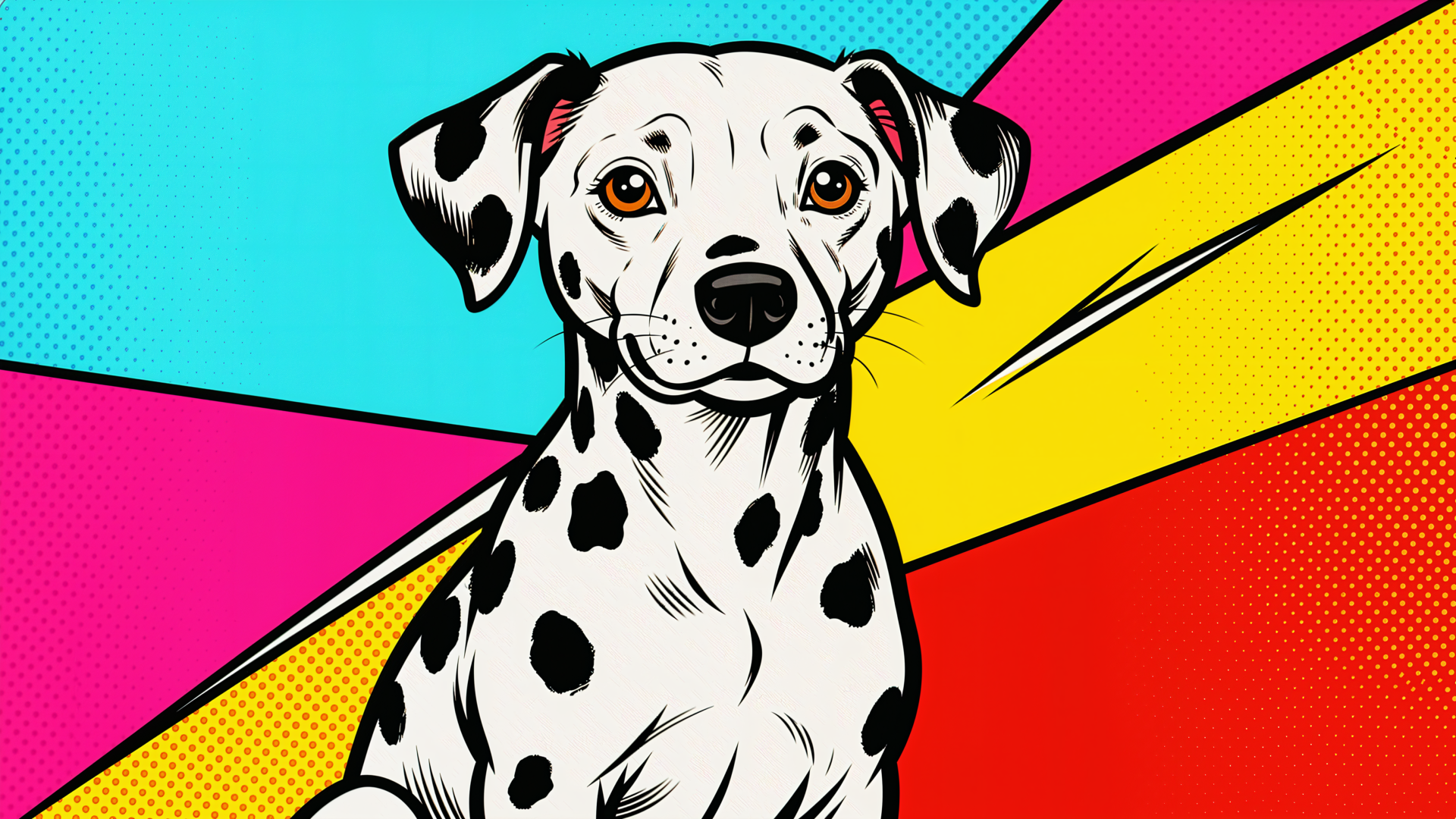 Pop-art 4K Ultra HD PC desktop wallpaper of a friendly Dalmatian against bold cyan, pink, yellow and red geometric background.