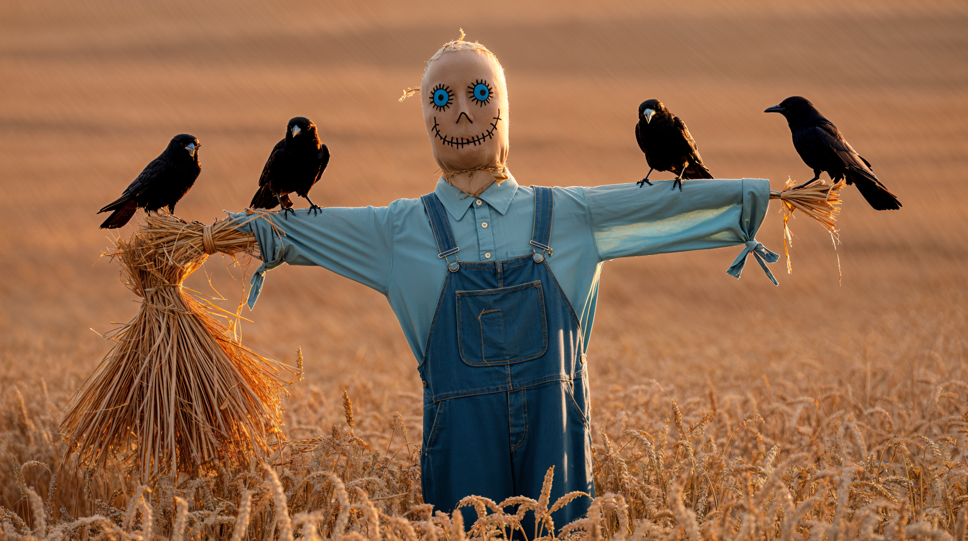 4K Ultra HD PC desktop wallpaper and background: stitched-face scarecrow in blue overalls stands in a golden wheat field with three black crows perched on its outstretched arms.