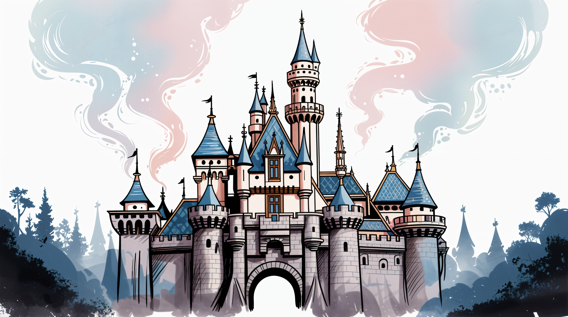 Disneyland castle illustration with pastel sky and forest silhouettes — 4K Ultra HD PC desktop wallpaper background.