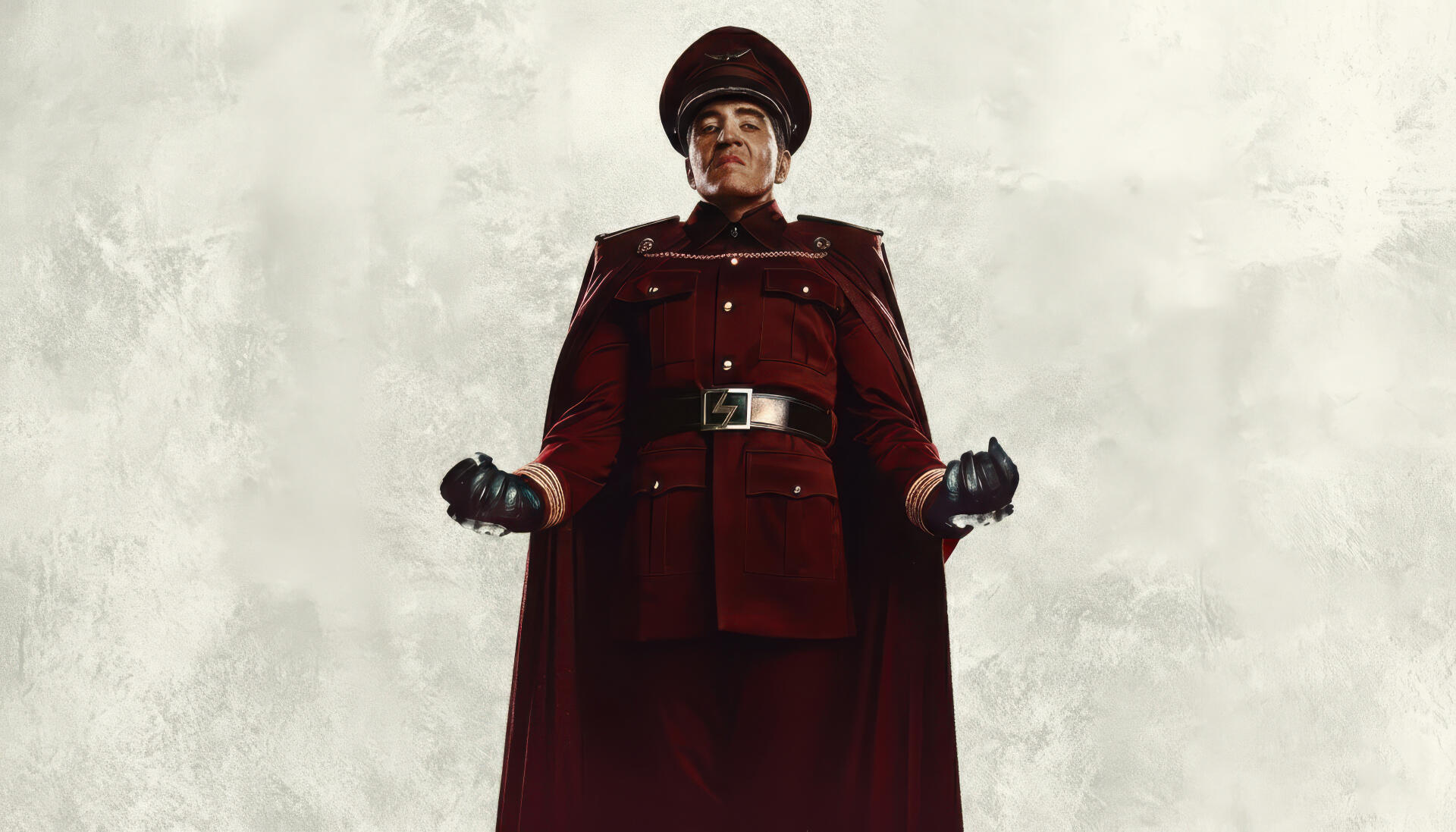 4K Ultra HD PC desktop wallpaper: M. Bison from Street Fighter (2026) stands imposingly in a red military coat and cap, fists clenched against a textured gray background.