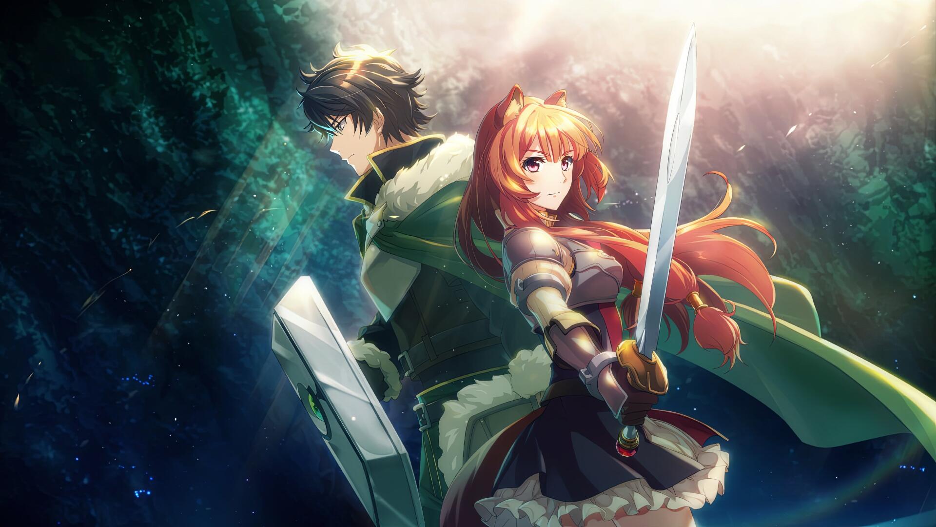 The Rising of the Shield Hero: 4K Ultra HD PC desktop wallpaper showing a shield-wielding hero and red-haired swordswoman back-to-back in a glowing forest.