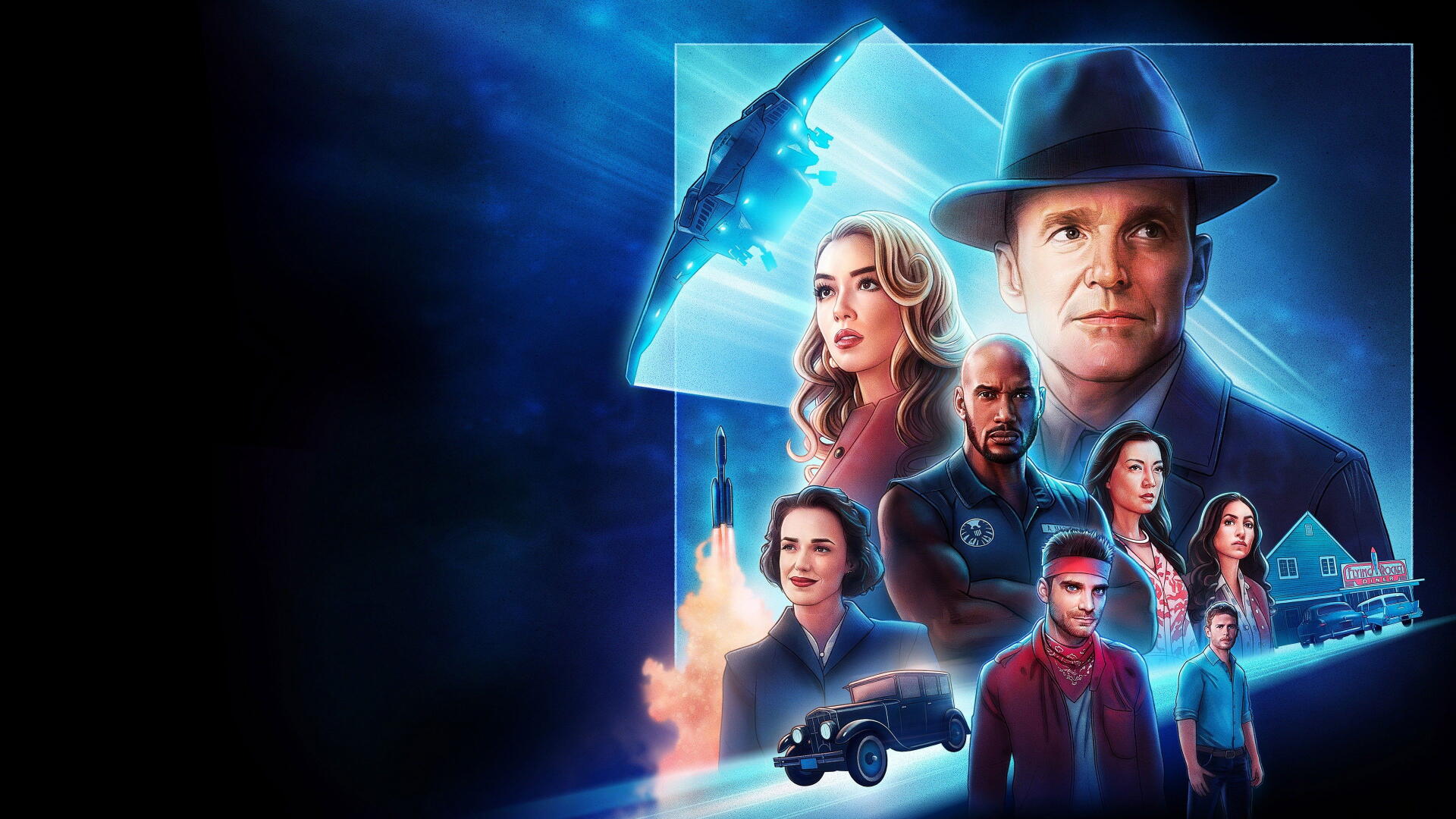 Agents of S.H.I.E.L.D. 4K Ultra HD PC desktop wallpaper: blue-toned collage of ensemble agents, rocket launch, vintage car and futuristic tech motifs.