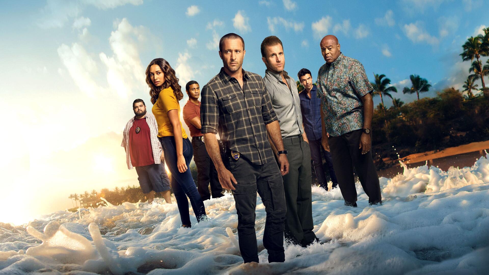 Hawaii Five-0 4K Ultra HD PC Desktop Wallpaper and Background — six characters stride through foamy surf toward the camera with palm trees and a golden sunset sky.