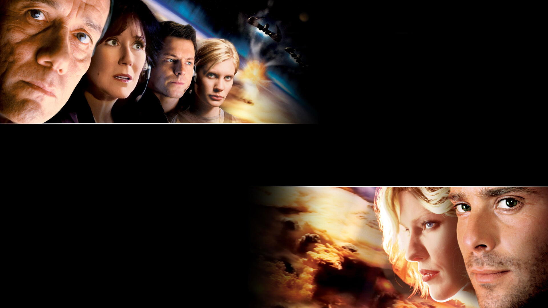 Battlestar Galactica (2003) 4K Ultra HD PC wallpaper: banner of character faces with starfield and fiery nebula, wide black central space.