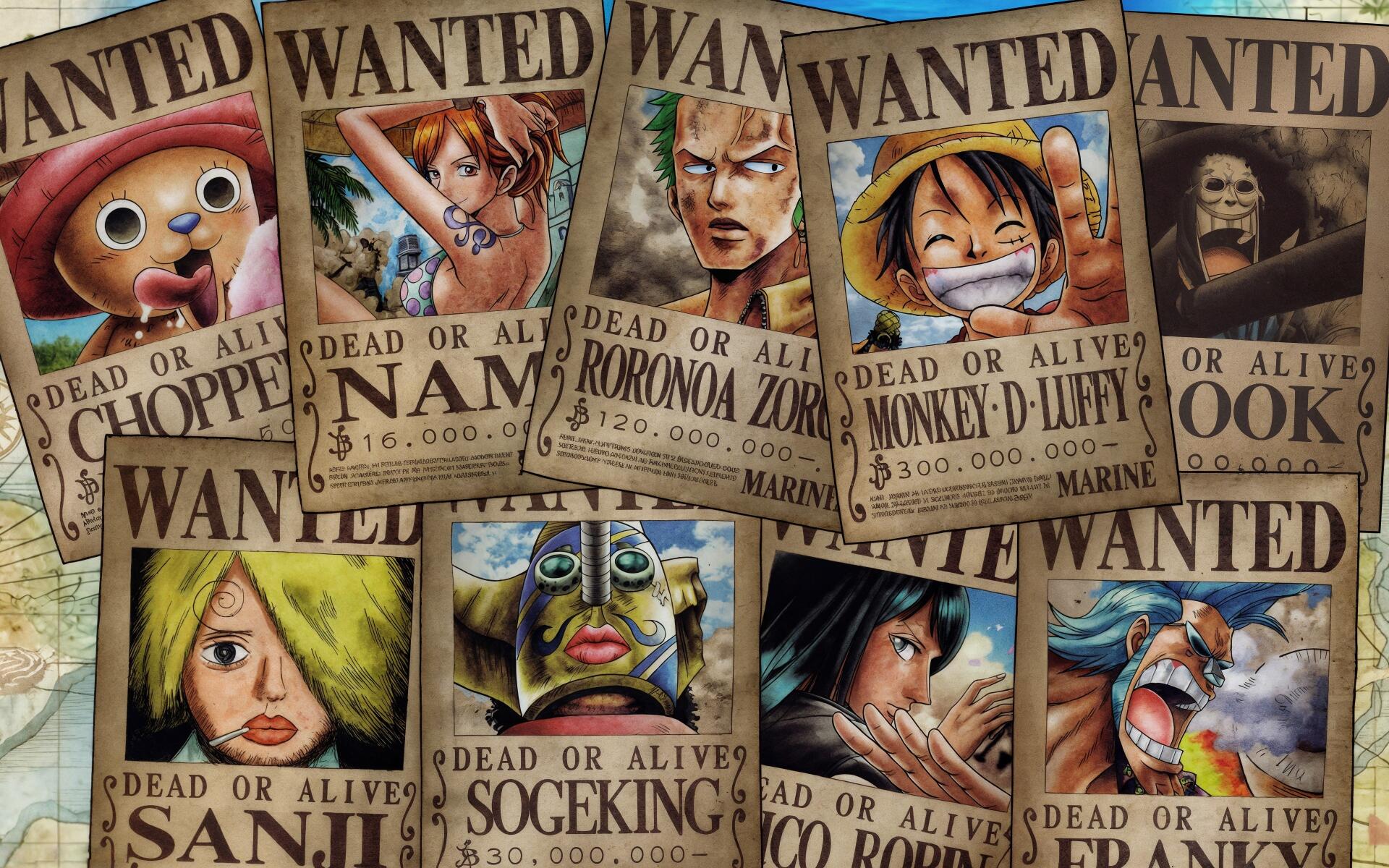 One Piece 4K Ultra HD PC desktop wallpaper/background: vintage Wanted poster collage of Straw Hat crew — Luffy, Zoro, Nami, Sanji, Chopper, Robin, Usopp, Franky.
