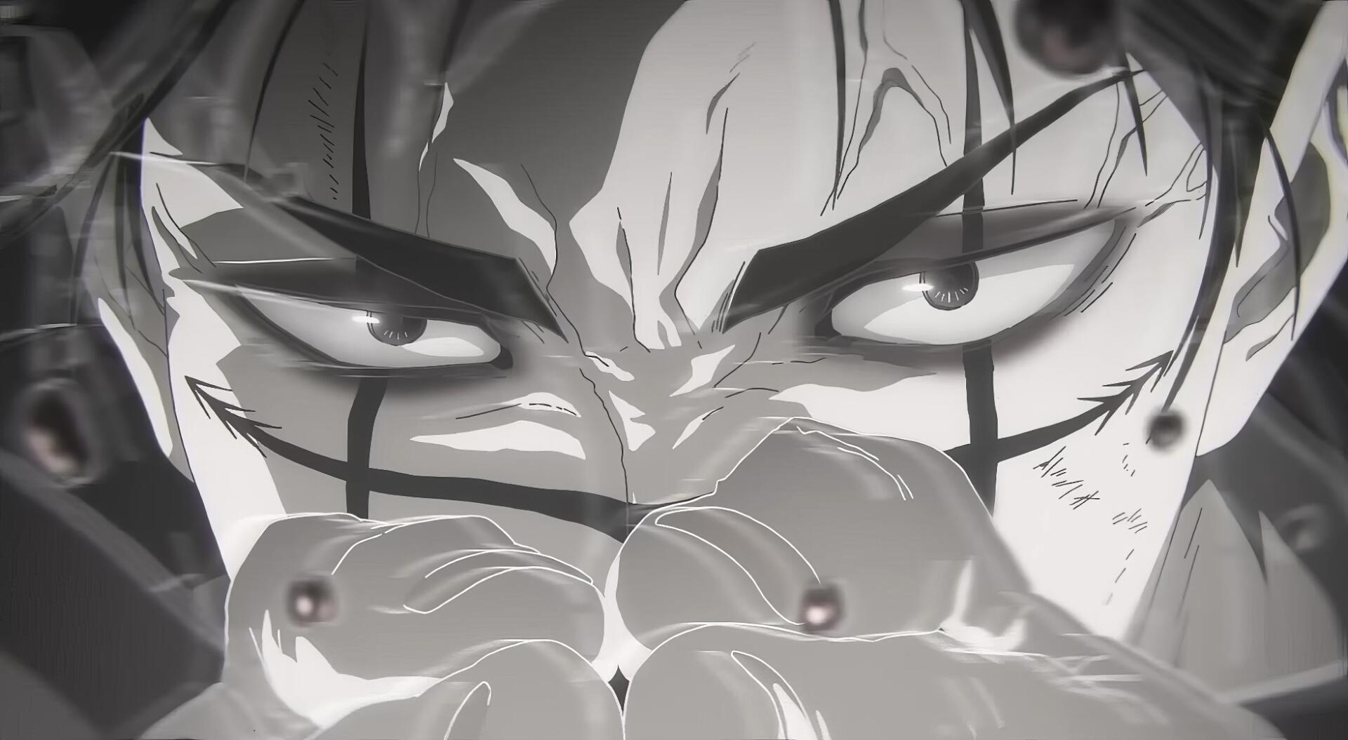 Close-up anime HD PC desktop wallpaper of Choso from Jujutsu Kaisen: Execution — intense monochrome glare, marked face and clasped hands, dramatic background.