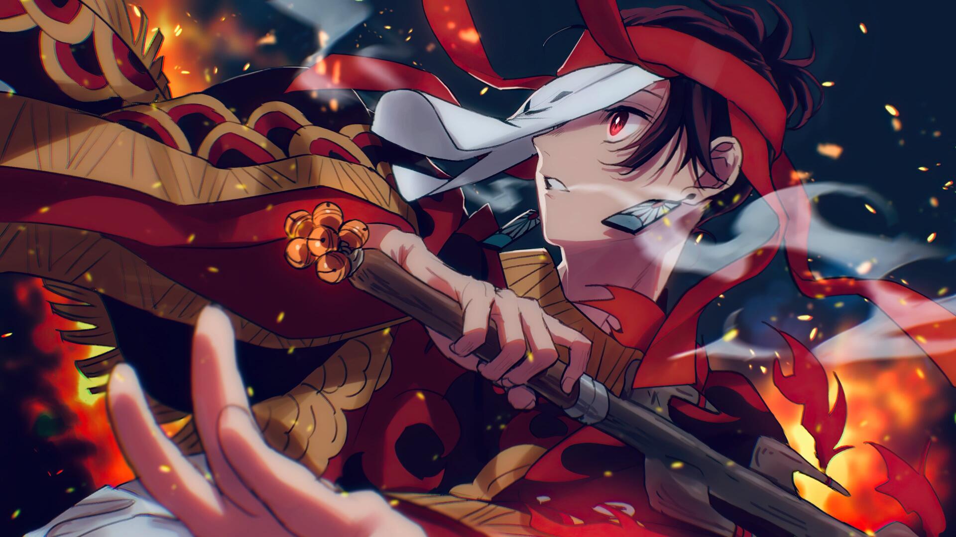 4K anime Christmas desktop wallpaper: Tanjiro Kamado (Demon Slayer) in a red headband, gripping his sword amid embers, snowflakes and festive ornaments.