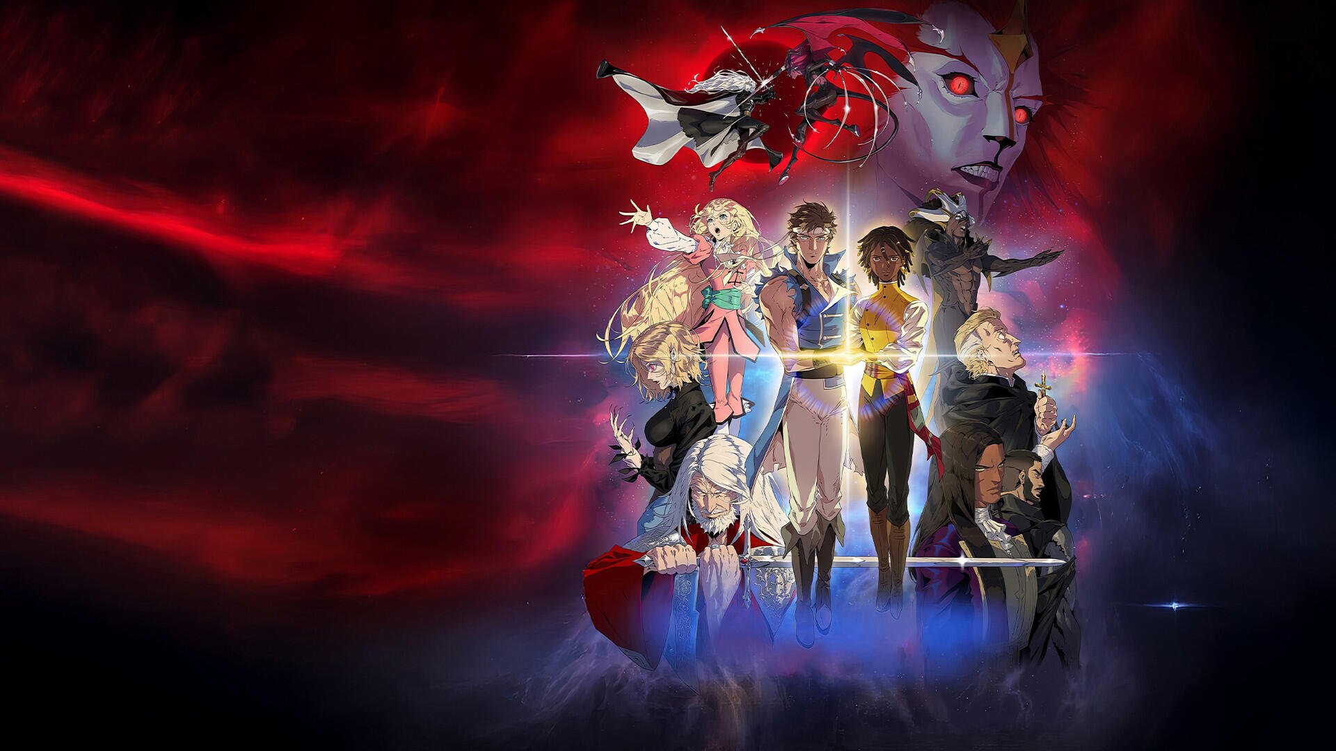 Castlevania: Nocturne HD PC desktop wallpaper showing a band of protagonists and allies standing united while a giant vampire face looms above against a swirling red and blue backdrop.