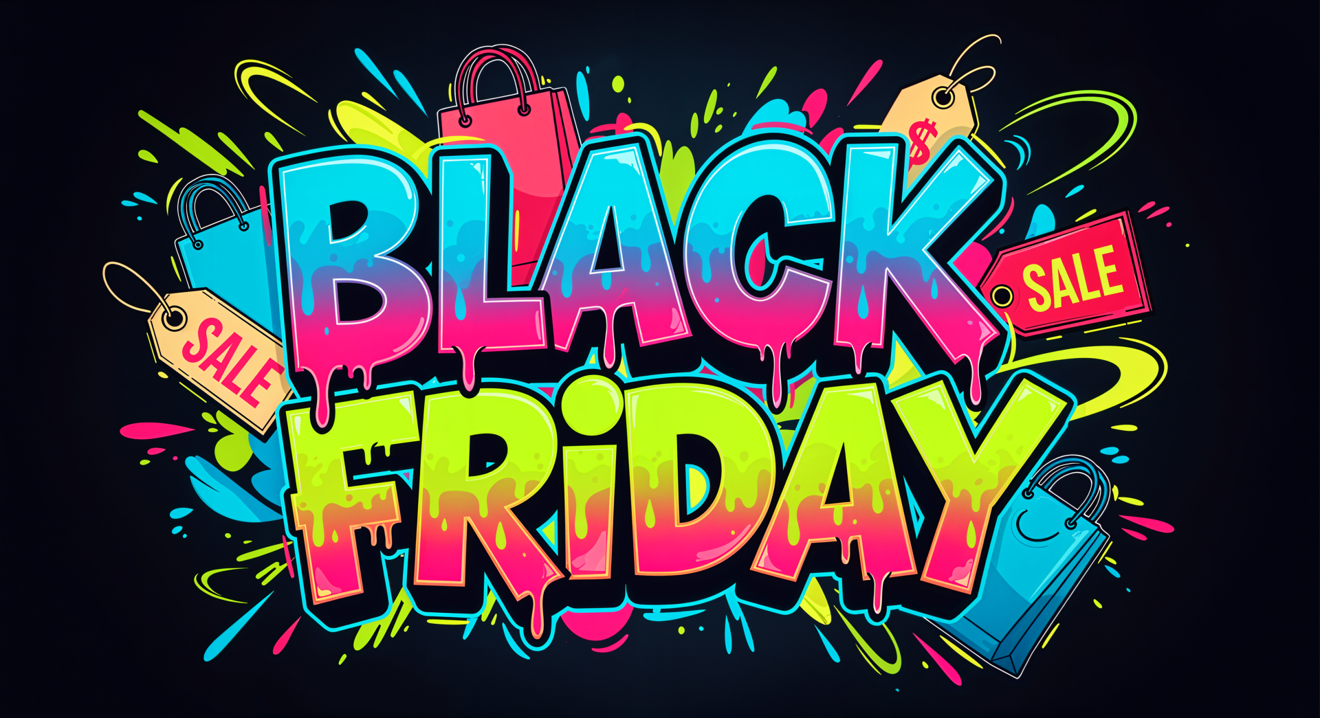 Vibrant graffiti-style BLACK FRIDAY lettering with colorful shopping bags and SALE tags on a dark backdrop — 4K Ultra HD PC desktop wallpaper and background.