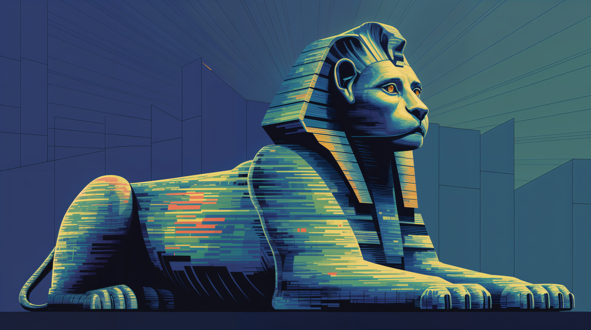 Stylized neon-striped sphinx in teal and gold against a geometric cityscape — 4K Ultra HD PC desktop wallpaper and background.