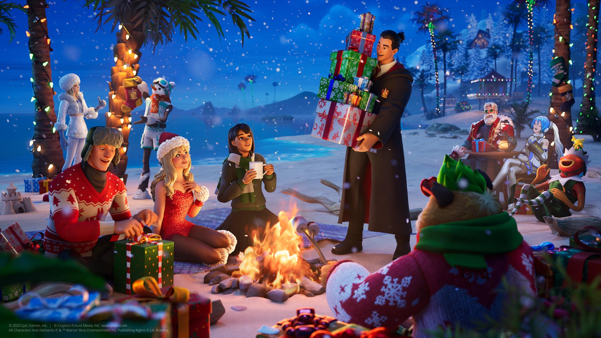 HD PC desktop wallpaper/background: Fortnite video game Christmas scene — characters on a snowy beach around a bonfire, exchanging presents beneath palm trees wrapped in festive lights.